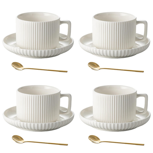 AYUCIA 8 Ounce Cappuccino Cups Set of 4, Latte Mugs with Saucers and Spoons, White Cream Ceramic Coffee Mugs Tea Cups for Cappuccino Latte Mocha Au Lait Macchiato Cafe