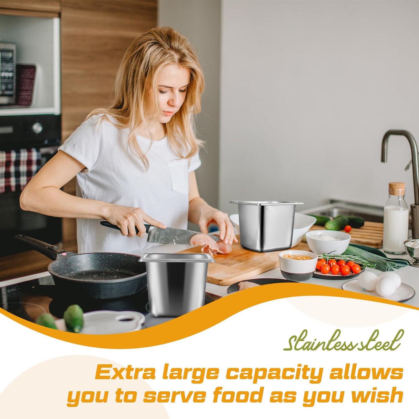 Rtteri 16 Pack 1/6 Stainless Steel Pans with Lid and 2 Tongs, 4 Spoons 6 Inch Deep Hotel Pans Catering Food Storage Containers for Commercial Steam Table Hotel Restaurant Buffet Supplies