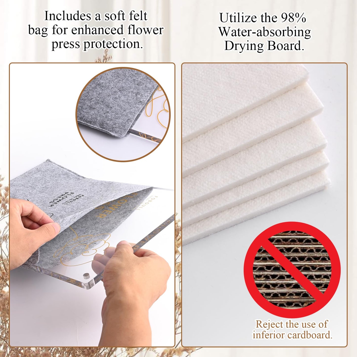 Foboull 10" x 10" Acrylic Flower Pressing Kit with Storage Bag and Detailed Instructions, Gift Flower Pressing Kit for Adults, DIY Plant Preservation