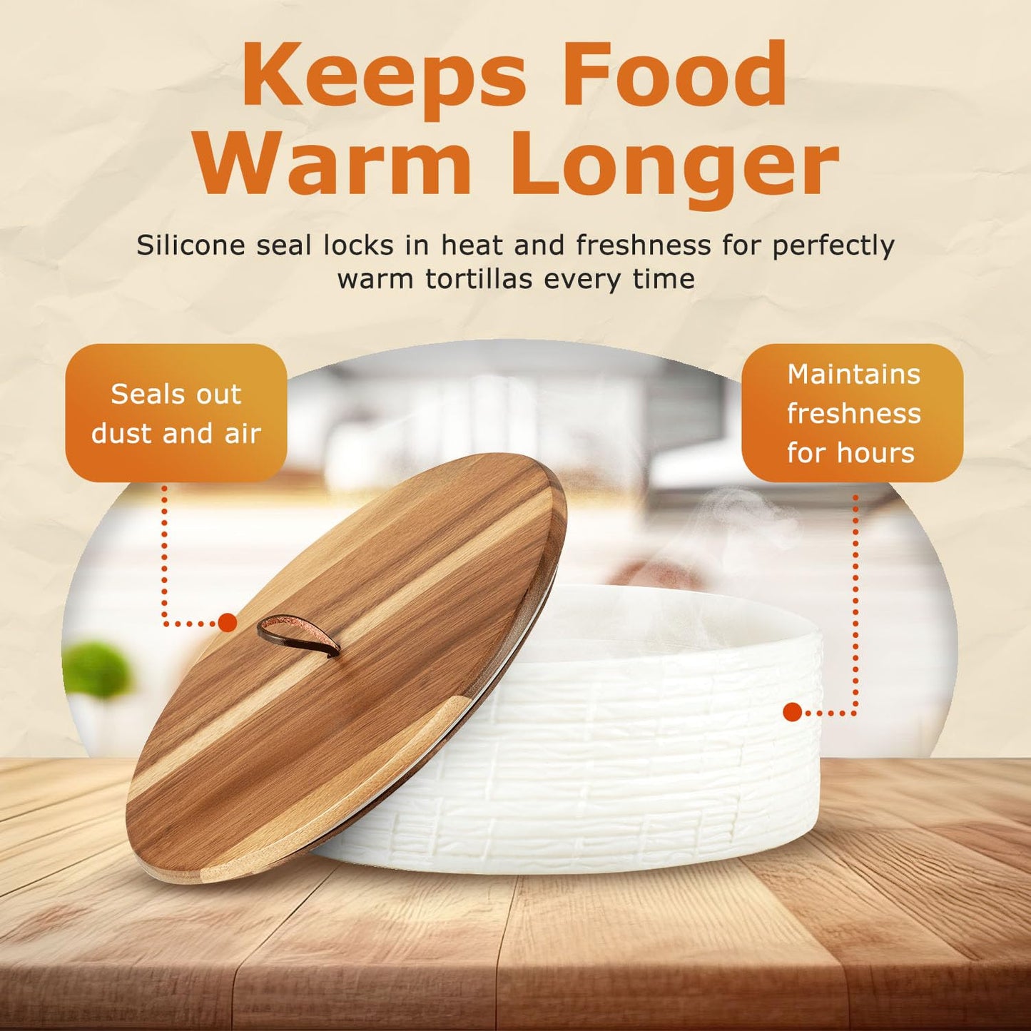 Ceramic Tortilla Warmer with Airtight Wooden Lid – 8.8 Inch Tortilla Holder, Insulated Bread Pancake Warmer, Authentic Tortillero for Tortillas, Pancakes, Roti – Large Tortilla Container