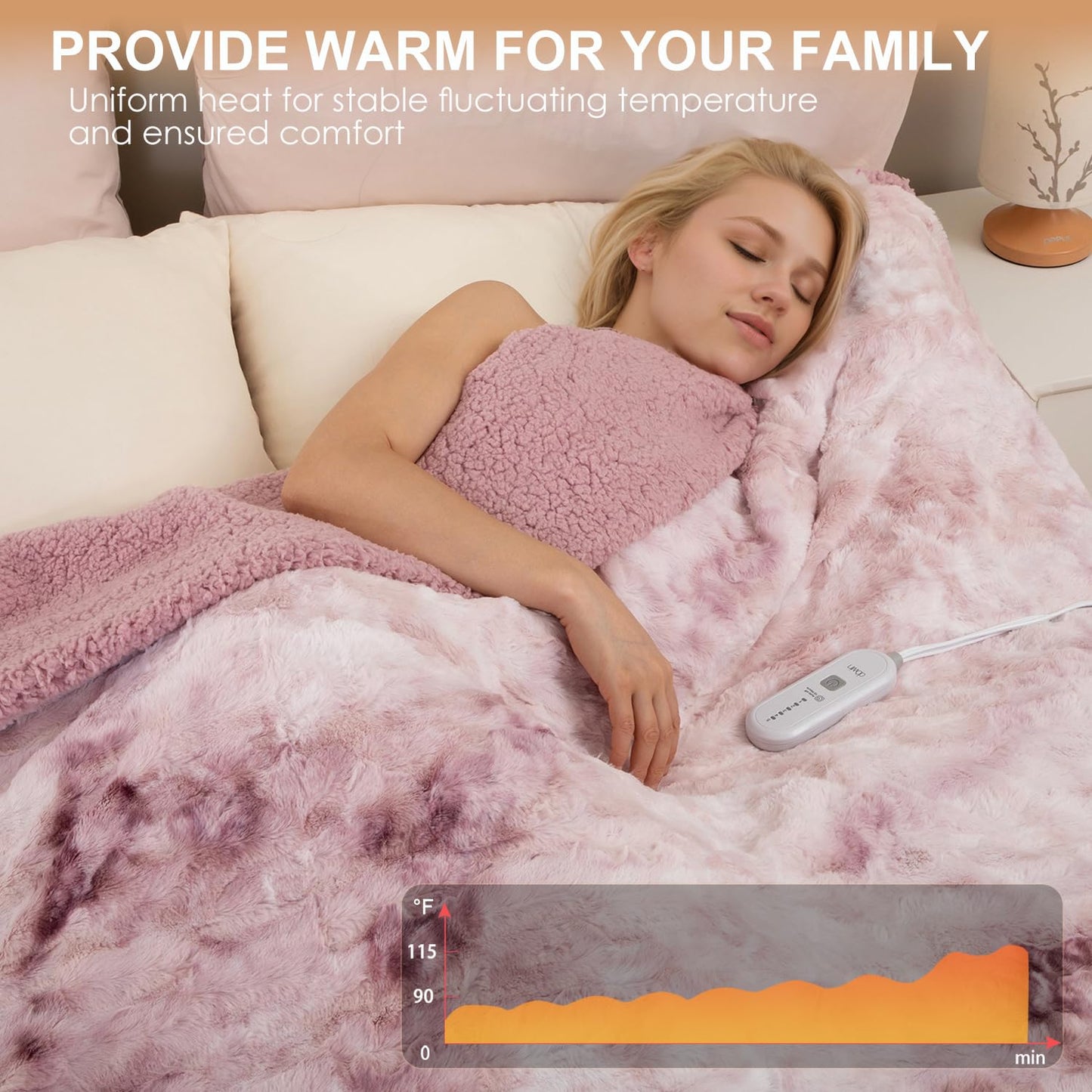 Dowin Heated Blanket Throw Size, Tie Dye Faux Fur Electirc Throw Blanket 50x60 inch,Pink Heating Blanket with Single Controller, 5 Heating Levels &10 Hours Auto-Off