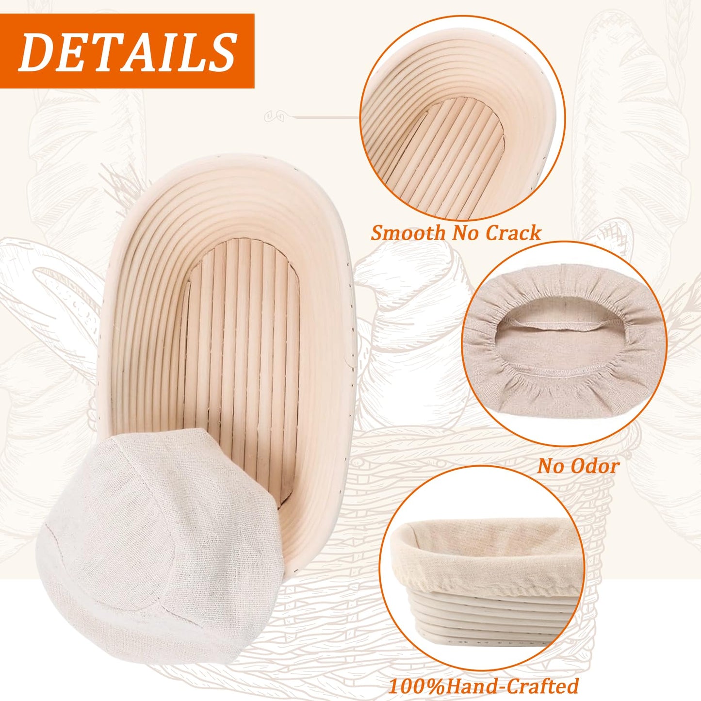 Nalcant 4 Pack Oval Banneton Proofing Basket Set 10 Inch, Natural Rattan Sourdough Bread Baskets with Linen Liners, Artisan Dough Rising Bowls for Home & Professional Bakers (10" Oval, Set of 4)