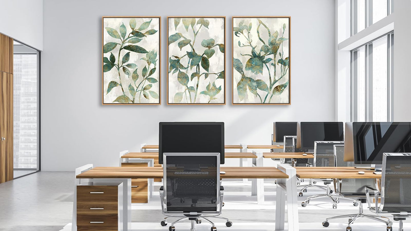 Large Framed Canvas Wall Art - Natural Float Framed Rustic Green Flowers Leaves Pictures Paintings White Grey Artwork Decor for Bedroom Living Room Kitchen Home Office Decoration 48" X 24" Set of 3