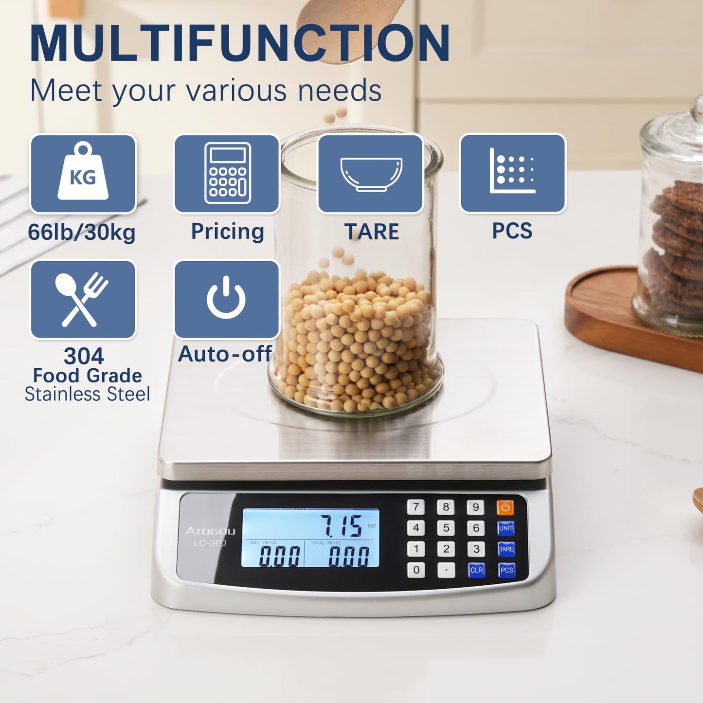 ATOGOU 66lb/30kg Commercial Large Digital Kitchen Scale 0.05oz/1g with Price Computing, 304 Stainless Steel Scale, AA Battery or Plug-in Use and LCD Display for Baking, Cooking, Counting Coins DT580