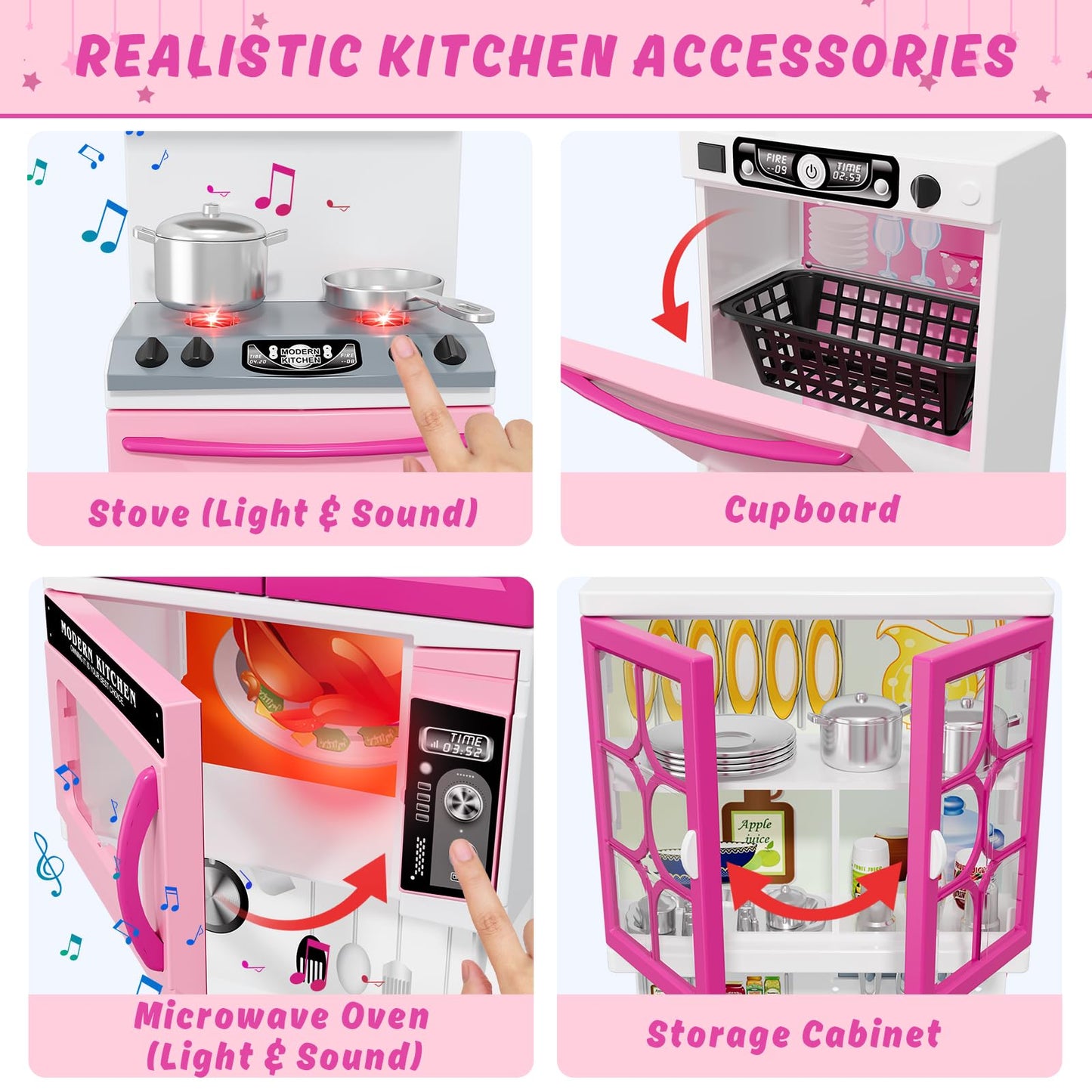 Wee Wonders 57 PCS Kitchen Playset for Girls, 5-in-1 Toddler Mini Kitchen with Realistic Lights & Sounds, Doll Kitchen House Toy, Mini Furniture Pretend Play Toys for Kids Age 3+, Pink
