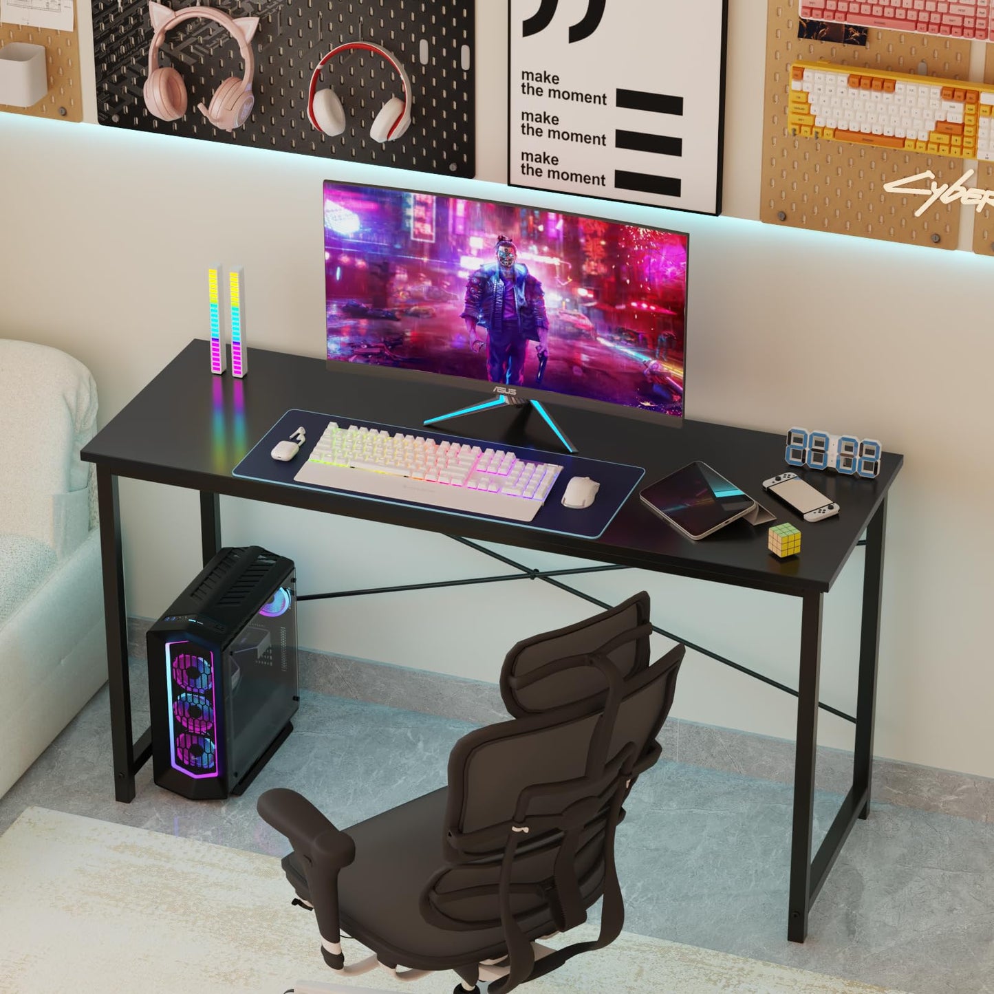 Sweetcrispy Computer Office Desk 48 Inch Student Study Writing Work with Metal Frame Wood Tabletop Modern Simple PC Home Bedroom Table - Basic Black, Compact Sturdy Desk for Laptop, Study, Gaming