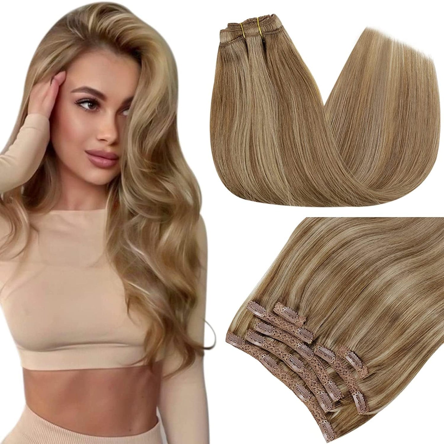 RUNATURE Clip in Hair Extensions Real Human Hair Dark Blonde Hair Extensions Clip ins Double Weft 18 Inch Remy Clip in Human Hair Extensions Full Head Thick Hair Extensions 120g 7Pcs