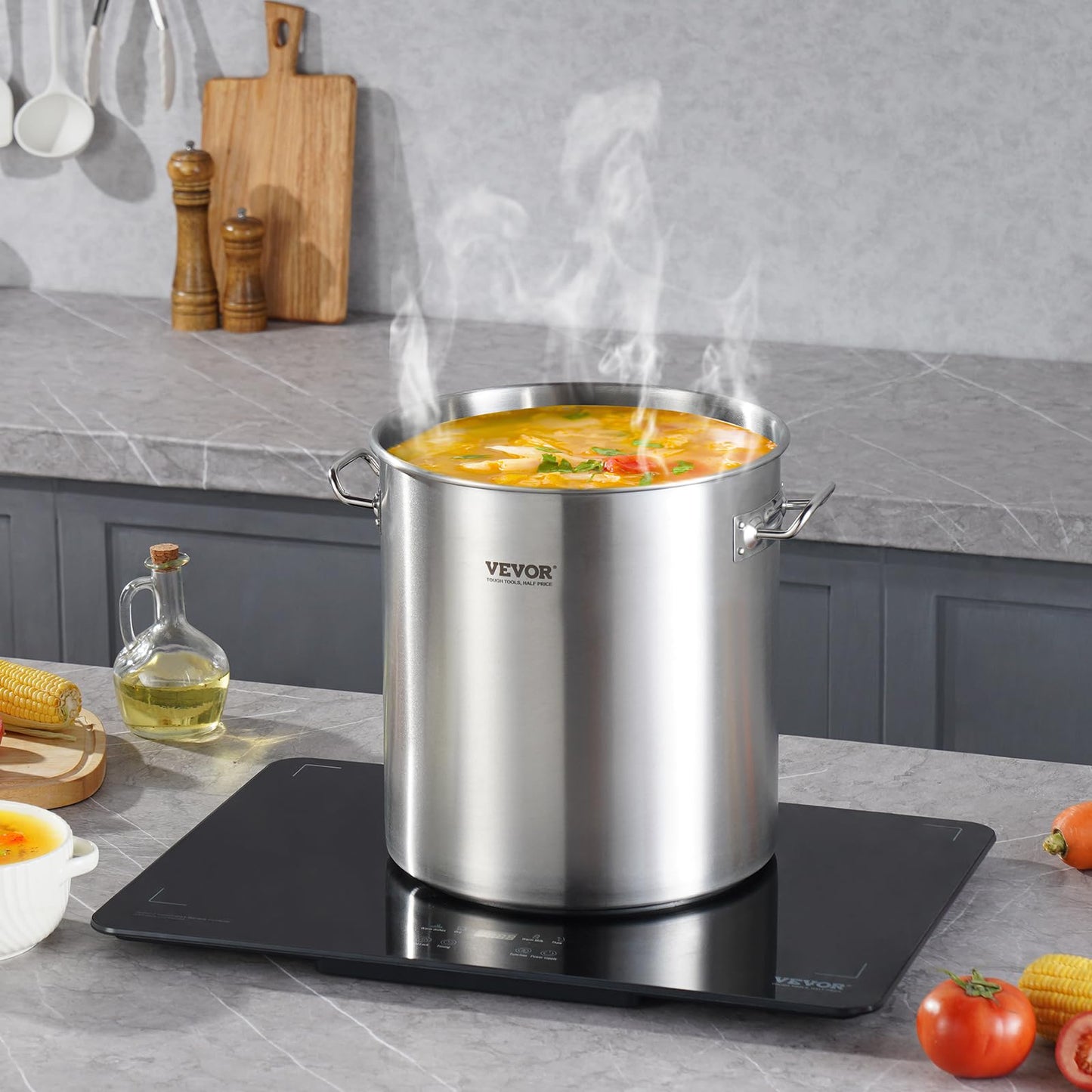 VEVOR Stainless Steel Stockpot, 24 Quart Cooking Pots, Cookware Sauce Pot with Lid, and Handle, Heavy Duty Commercial Grade Stock Pot, Sanding Treatment, for Steaming Boiling or Frying Silver