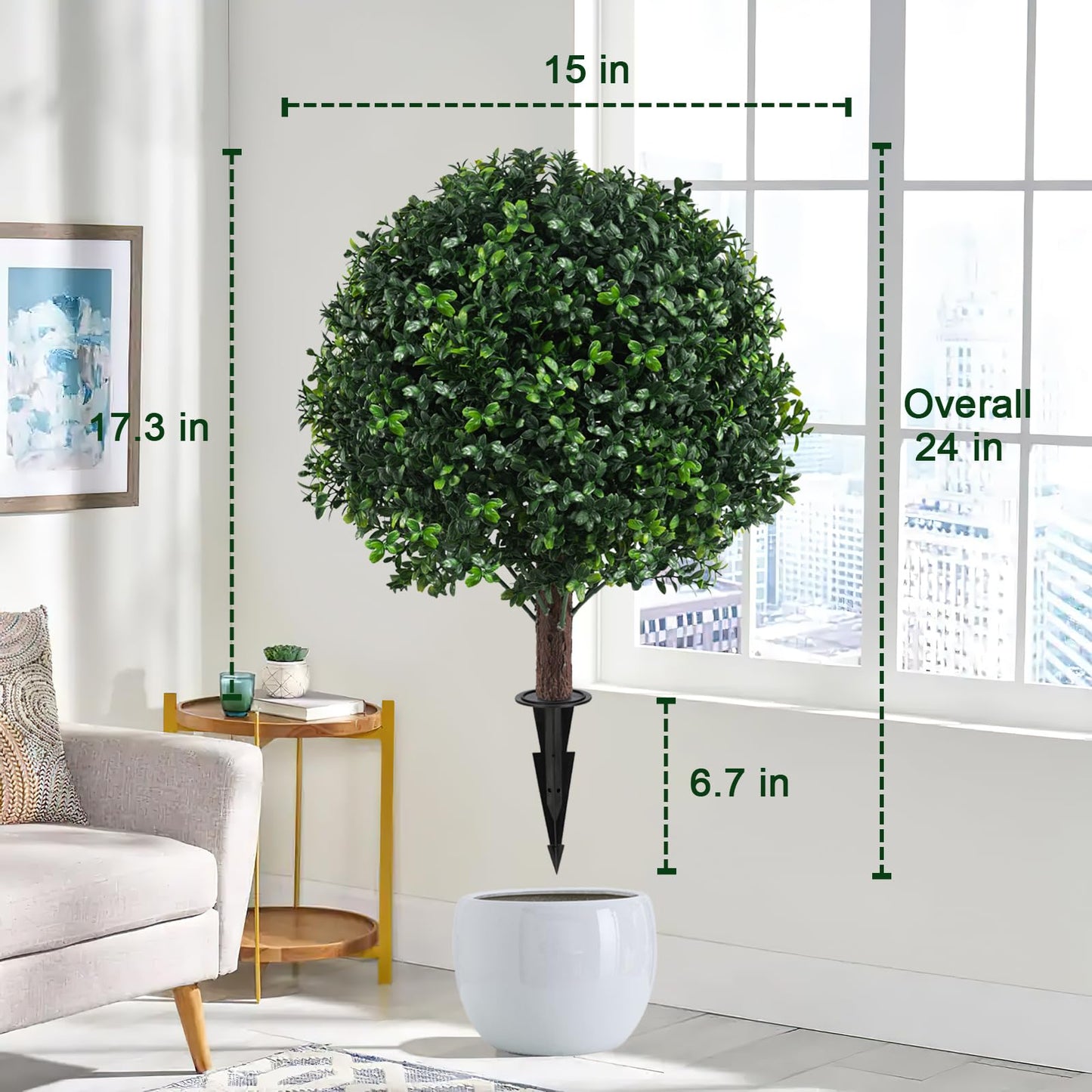 Grewyear Artificial Boxwood Topiary Ball Bush for Outdoor with Spike, Set of 2 UV Resistant Faux Boxwood Ball Tree with Stake, Weatherproof Fake Round Topiary Shrub Plant for Front Porch Planter