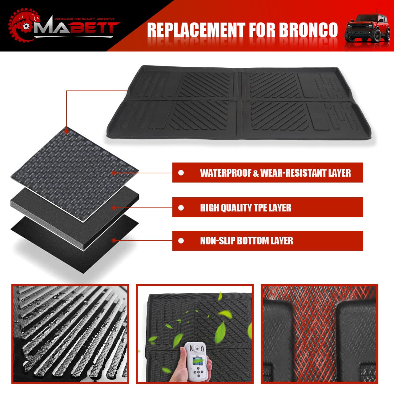 Mabett Cargo Liner Trunk Mat for Ford Bronco Accessories 2025 2024 2023 2022 2021 2-Door TPE Material All-Weather Trunk Liner to Prevent Movement and Vibration of Goods