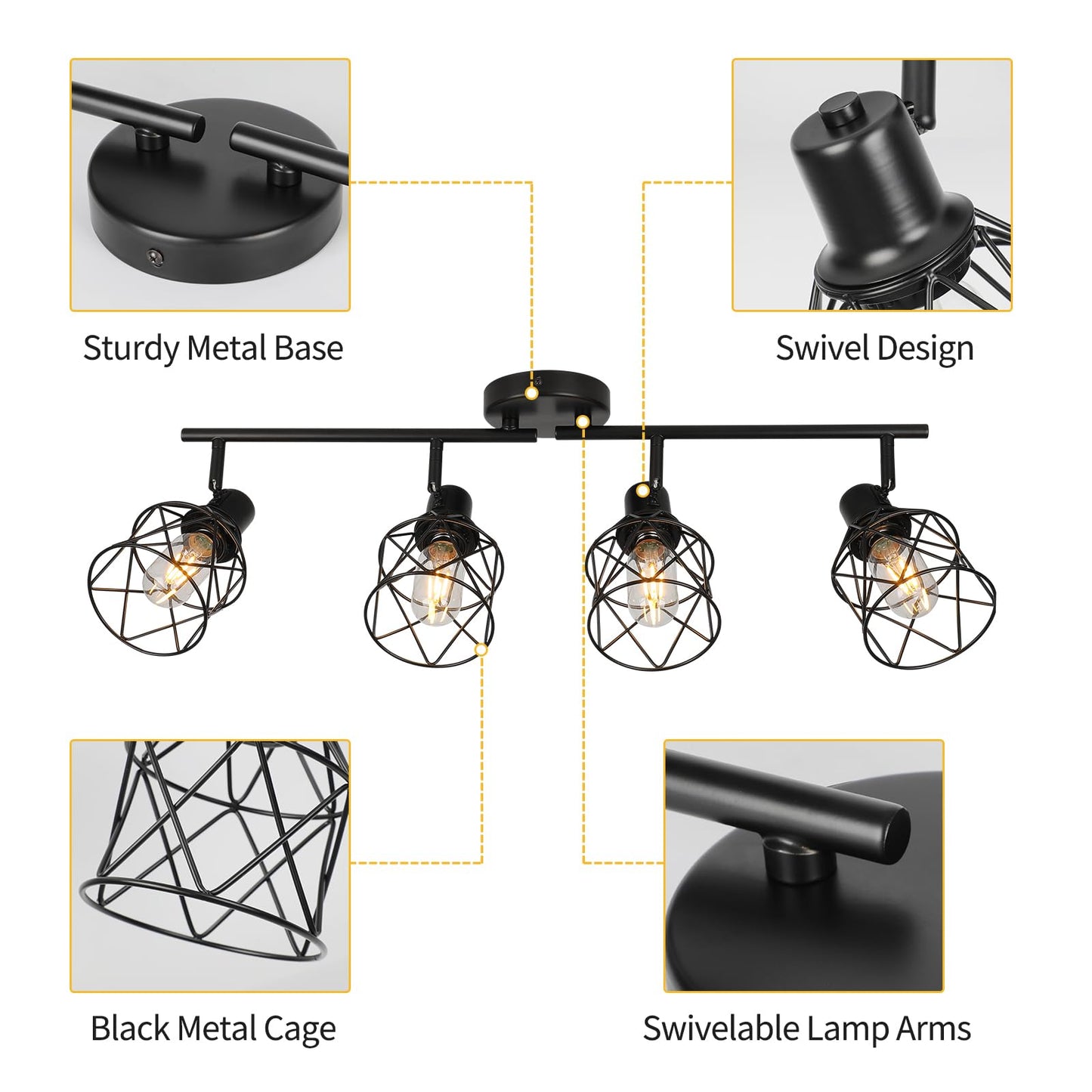 WILON Track Lighting Fixtures Ceiling 4-Light Flush Mount Ceiling Spot Lights, Industrial Track Light Black Kitchen Light Fixtures Rotatable Spotlight for Kitchen Hallway Living Room (E26 Base)