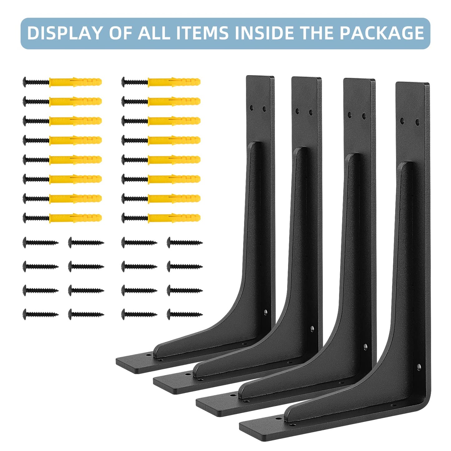 PICESA 10"x 6"Shelf Brackets,L Shelf Brackets,max Load 300lbs, Vertical Angle, Premium Alloy Metal Heavy Duty Shelf Bracket, high Strength Mounting Hardware Included, Corner Brace Joint,Pack of 4.