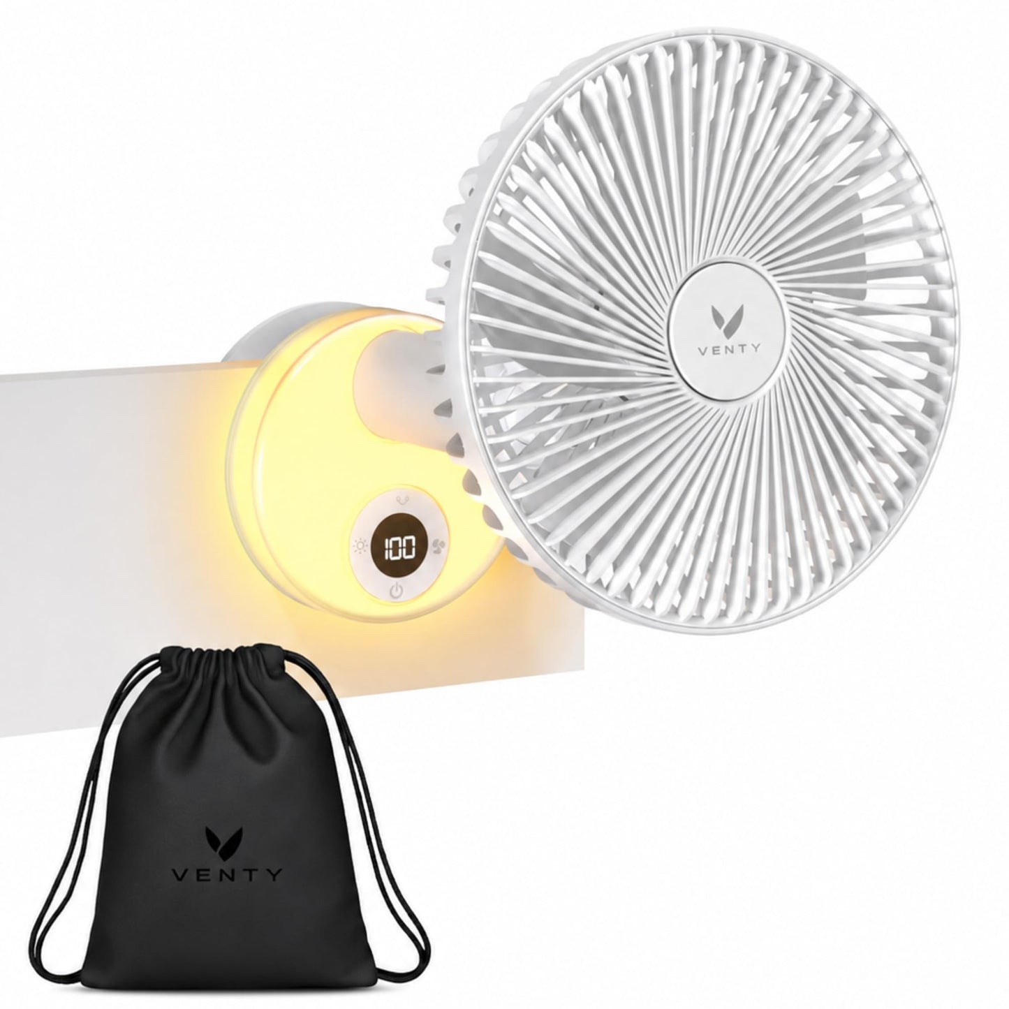 VENTY Portable Clip Fan - Rechargeable 10-Hour Battery Portable Fan - 360° Rotation & 90° Tilt - Stroller Fan, Desk Fan or Bedside Fan - Aromatherapy & LED Light - USB-C Cable & Carrying Pouch