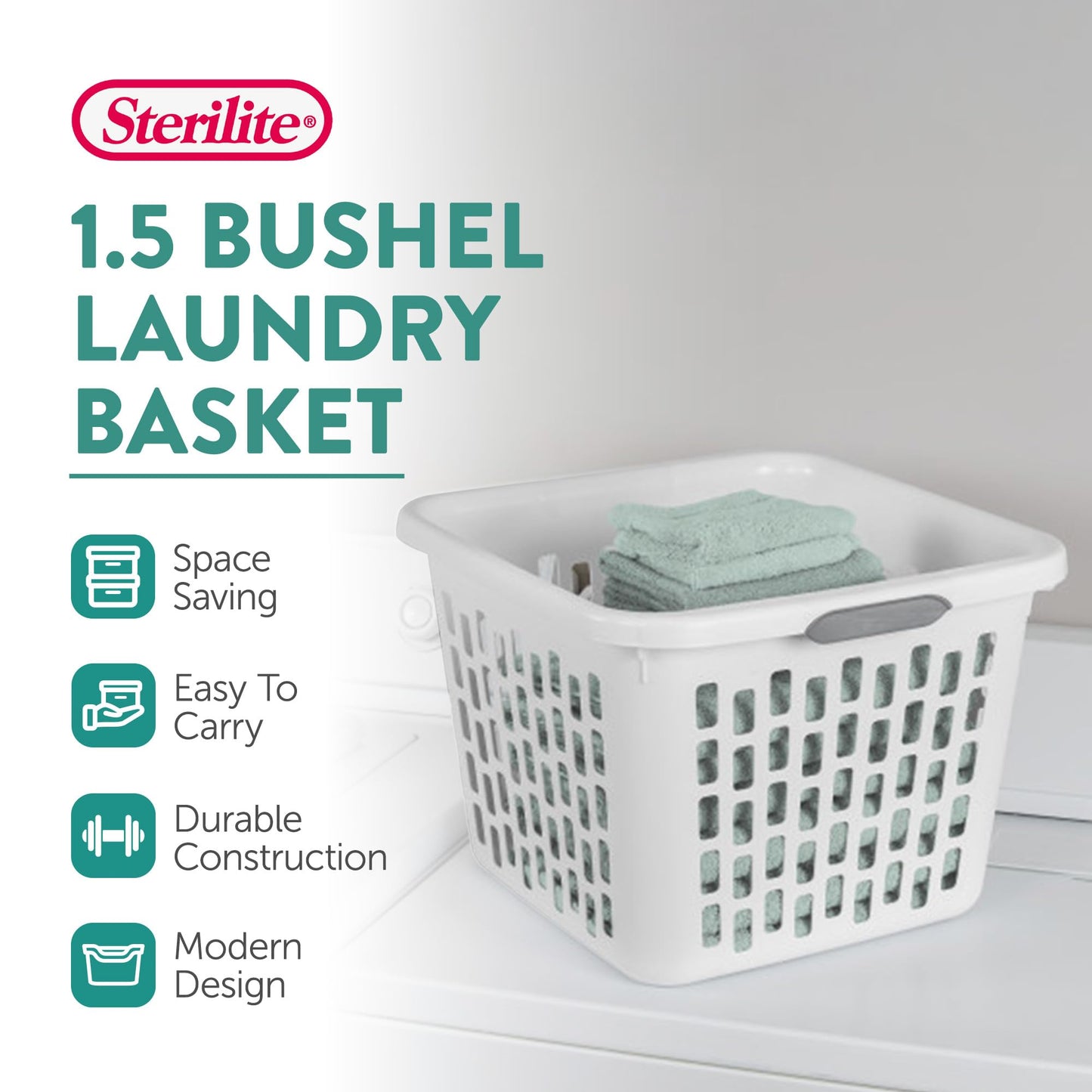 Sterilite 6-Pack 1.5 Bushel Capacity Square Laundry Basket, White – Plastic Clothes Hamper Storage with Ventilated Rectangular Holes & Large Comfort Grip Handles for Easy Carry