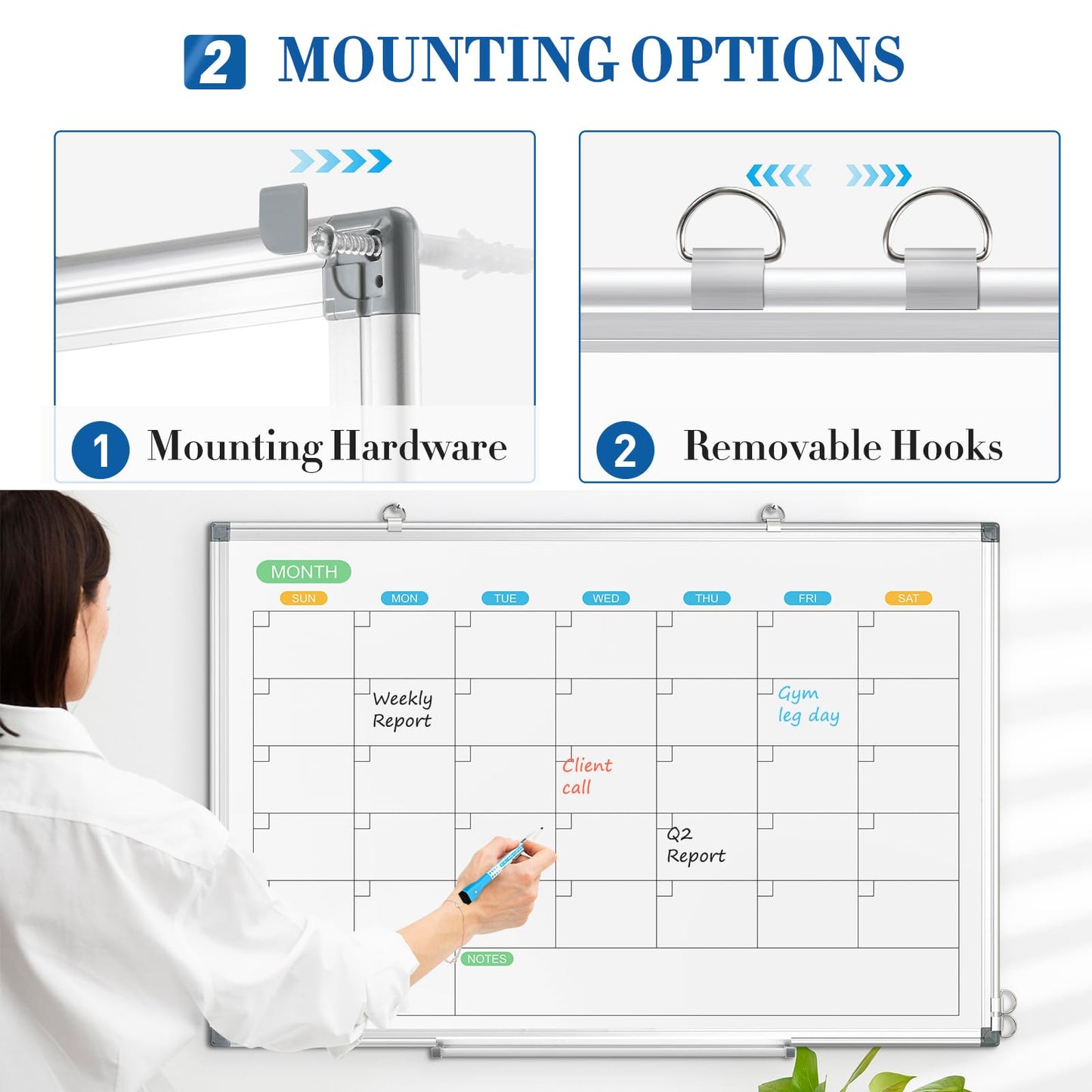 WALGLASS Dry Erase Calendar Whiteboard for Wall, 36" x 24" Double-Sided Monthly Calendar White Board with Silver Aluminum Frame, Hanging or Wall Mount Large Whiteboard for Home, Office, School