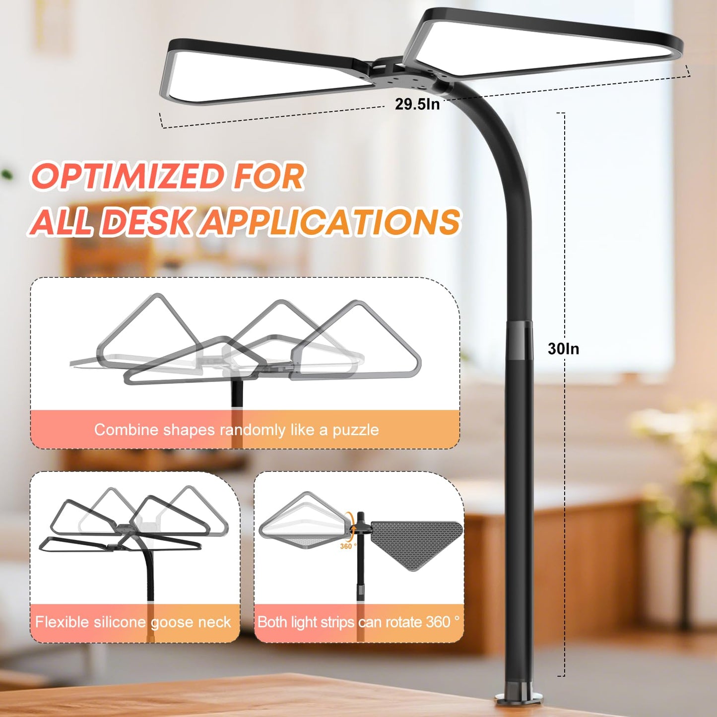 Ultra-Large Dual-Source Clamp-On Gooseneck Desk Lamp | 5000 Lumen LED Study Light with Flexible Arms, 5 Brightness & 4 Color Modes for Home Office/Reading/Gift