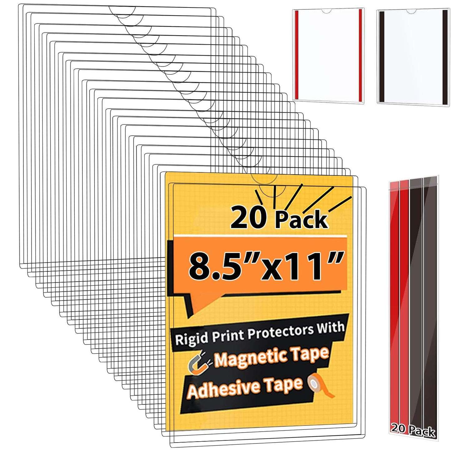PUJIANG 20 Pack Magnetic Sign Holder 8.5 x 11 - Wall Sign Holder Rigid Plastic Sign Holder with Magnet Strips and Adhesive Strips - Magnetic Display Frame Door Sign Holder
