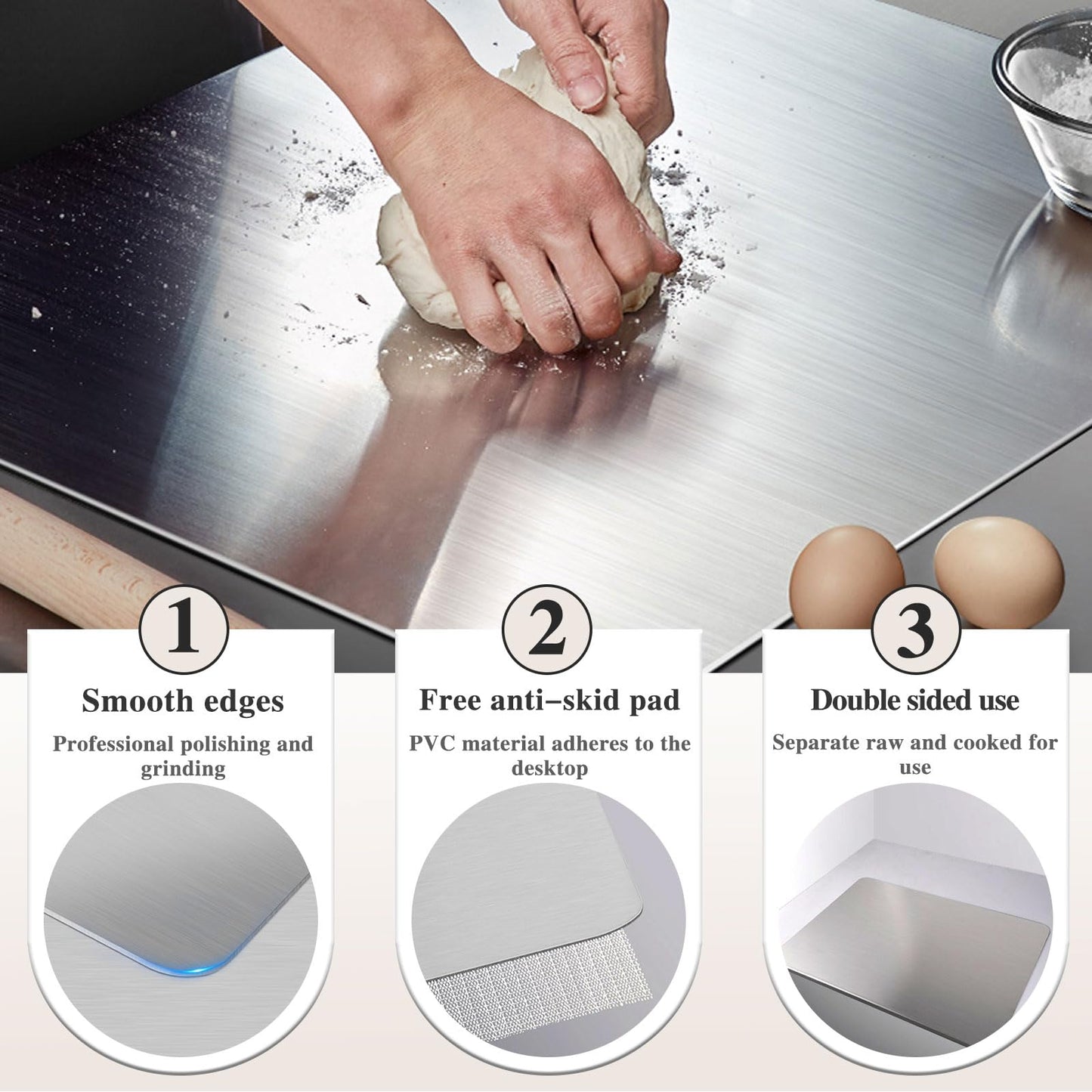 Stainless Steel Kitchen Cutting Board, 304 Stainless Steel, Double-Sided for Separation, Baking and Pizza Making (15.7×19.6×0.06")