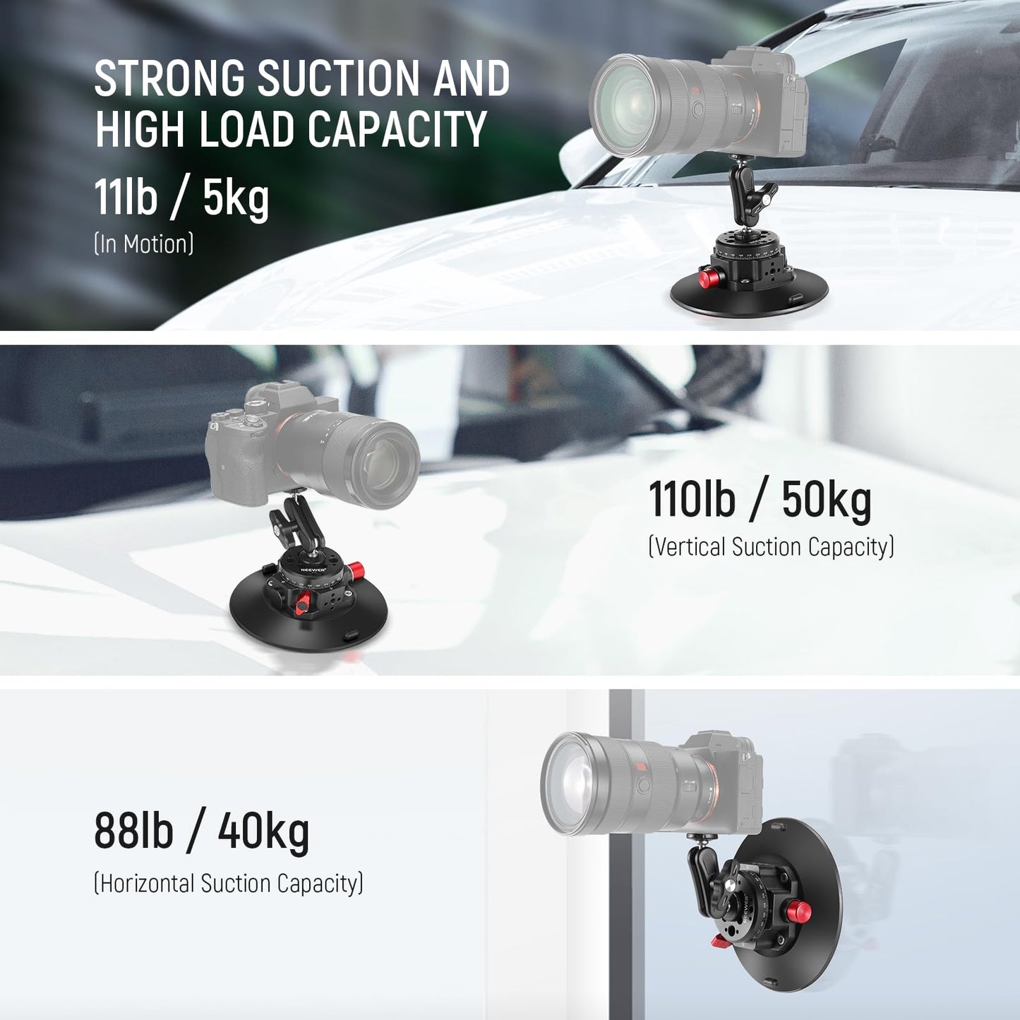 NEEWER 6"/15.2cm Camera Suction Cup Mount with Ball Head Magic Arm, Metal Suction Cup Mount on Car Windshield Dash for Camera/Action Camera/Phone Holder, with 1/4" & 3/8" Mounting Holes for ARRI