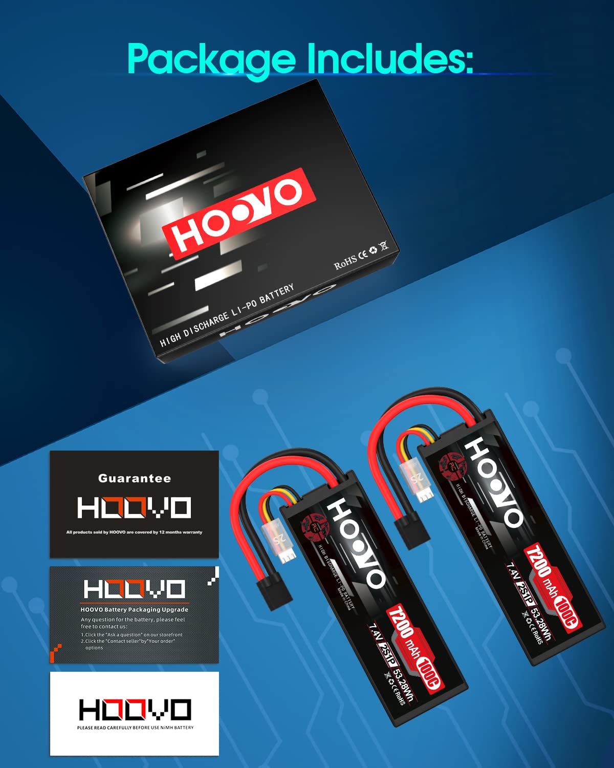 HOOVO 2S Lipo Battery 7.4V 7200mAh 100C RC Lipo Battery Pack Hard Case with TR Plug Compatible with 1/8 and 1/10 RC Truck Vehicles RC Car Truggy Buggy Racing Models-2 Pack