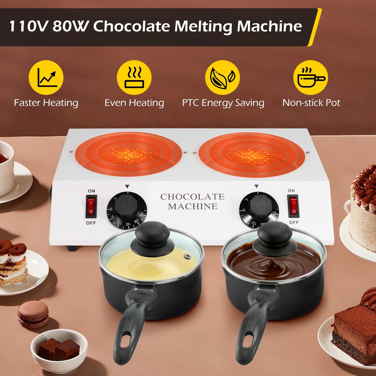 Dyna-Living Chocolate Melting Pot Dual Chocolate Tempering Machine for Melting Chocolate, 80W Chocolate Melting Machine Electric Chocolate Melter Pot for Home, Chocolate Fondue Pot for Chocolate Melt