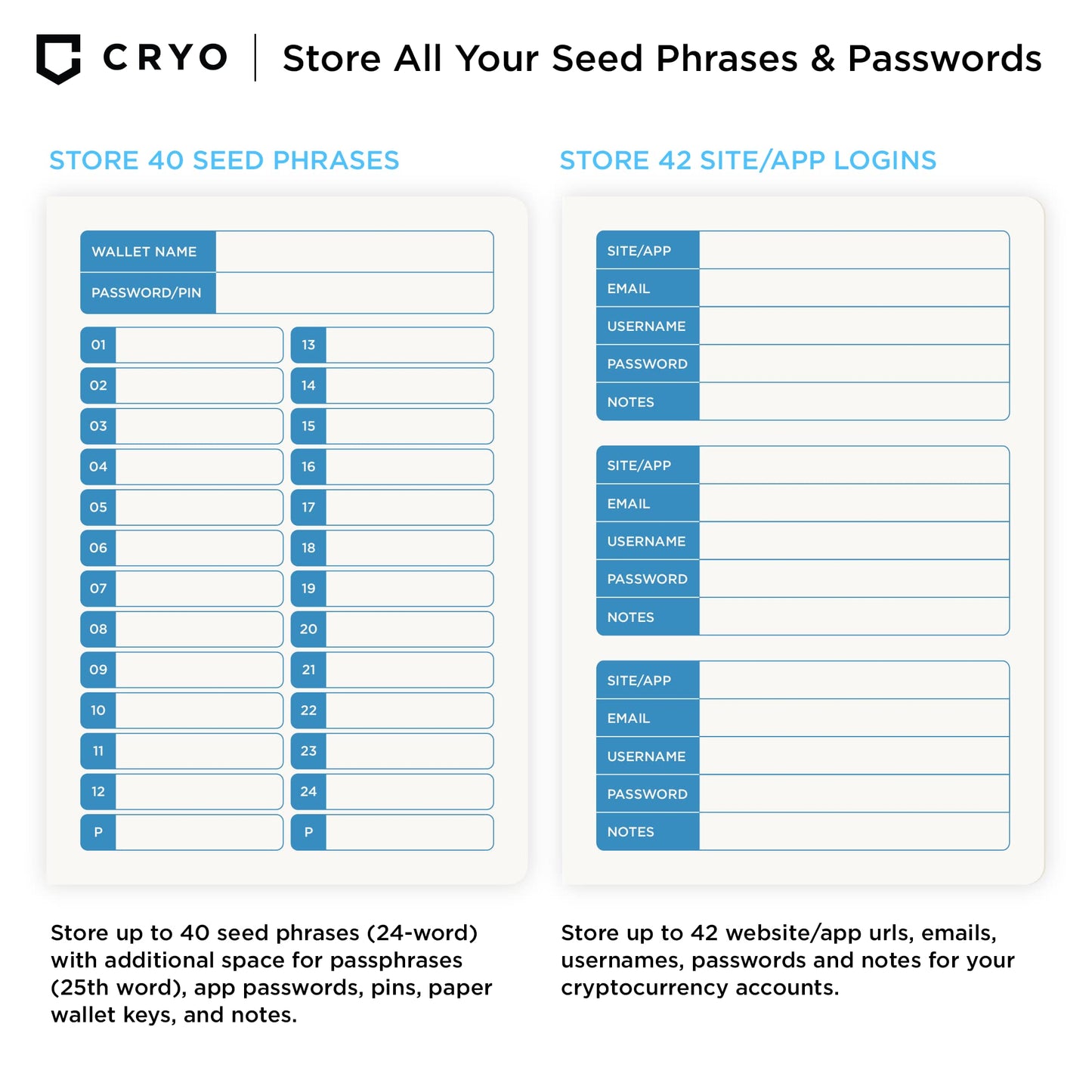 CRYO Crypto Seed Phrase Storage Notebook - Waterproof Bitcoin Recovery Phrase Crypto Password Keeper - 12 to 24 Word Cold Wallet Backup - Mnemonic Passphrase - Pocket Size 2-Pack