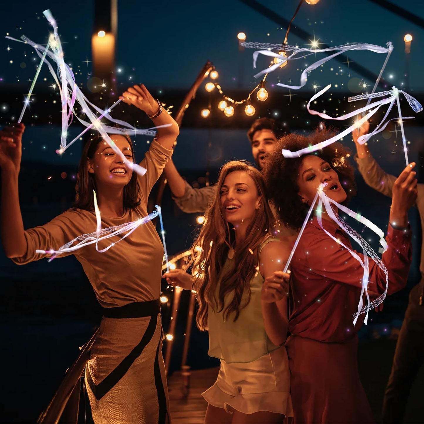 AUGFRYZIAN 58 Pieces Light up Wedding Wands with Ribbons & Bells –LED Silk Wedd Fairy Wands Streamers with Warm White & Colorful Lights for Wedding Send Off Ideas, Parties, and Celebrations