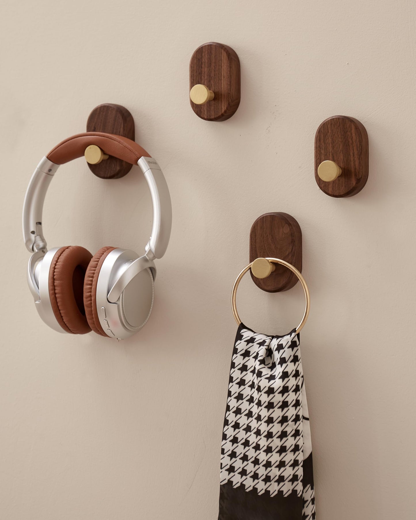 Wood Coat Hooks Wall Mount - Modern Walnut Coat Hook with Bronze Accent for Hanging Clothes,Keys,Purse,Robes,Towel,Backpacks, Single Brass Wall Hooks Heavy Duty for Entryway, Closet, Bathroom (4 Pack)