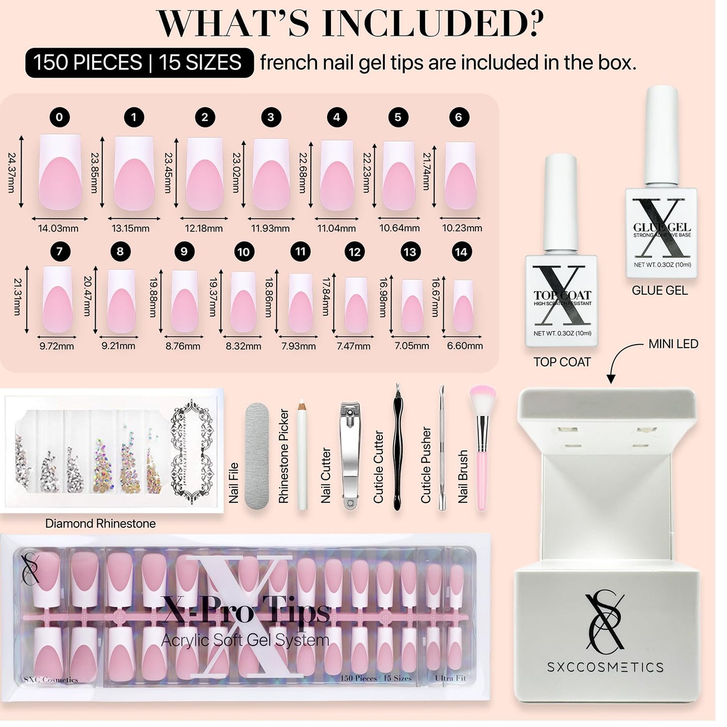 SXC Cosmetics French Tip Press On Nails Pink Series, Medium Square X-Pro Tips Starter Kit