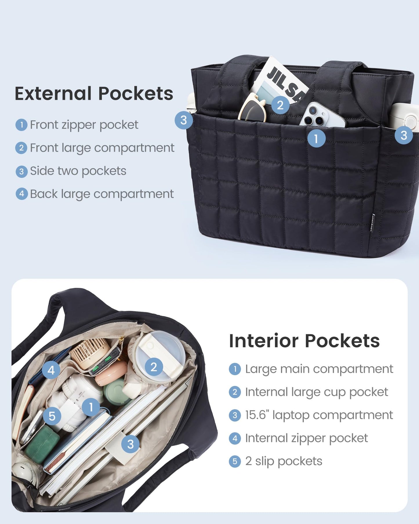 LOVEVOOK Tote Bag for Women, Lightweight Puffer Tote Bag with Compartments Quilted Shoulder Bag for Travel Work Teacher Nurse