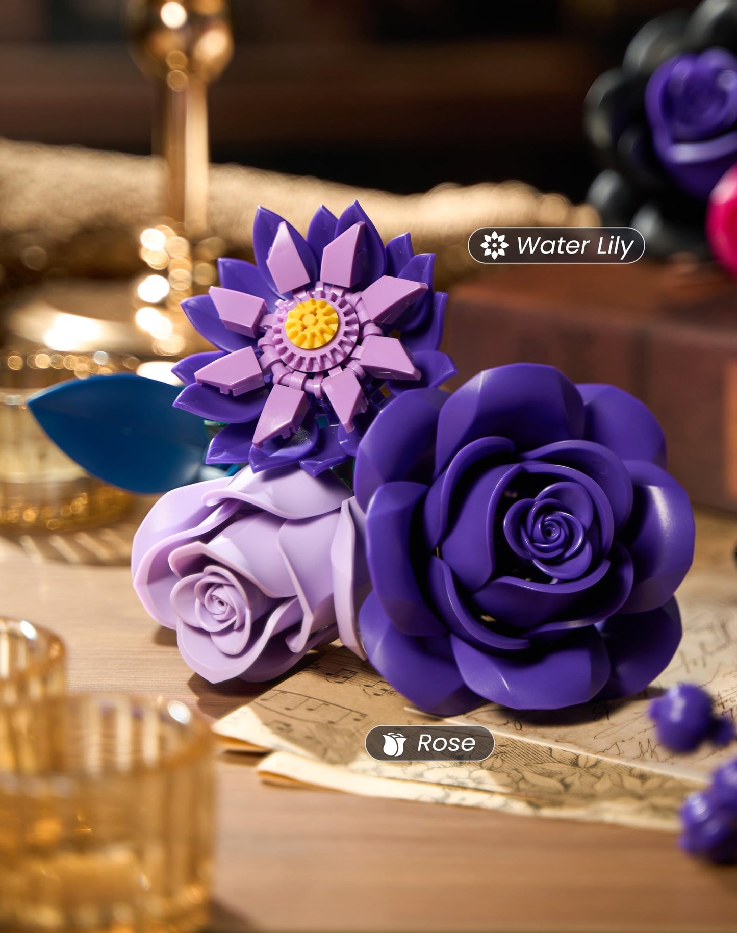 Purple Flower Bouquet Building Set, Rose Botanical Collection Blocks Kit Compatible with Lego for Adults Women, Artificial Flowers Gothic Decor for Valentines Day (736PCS)