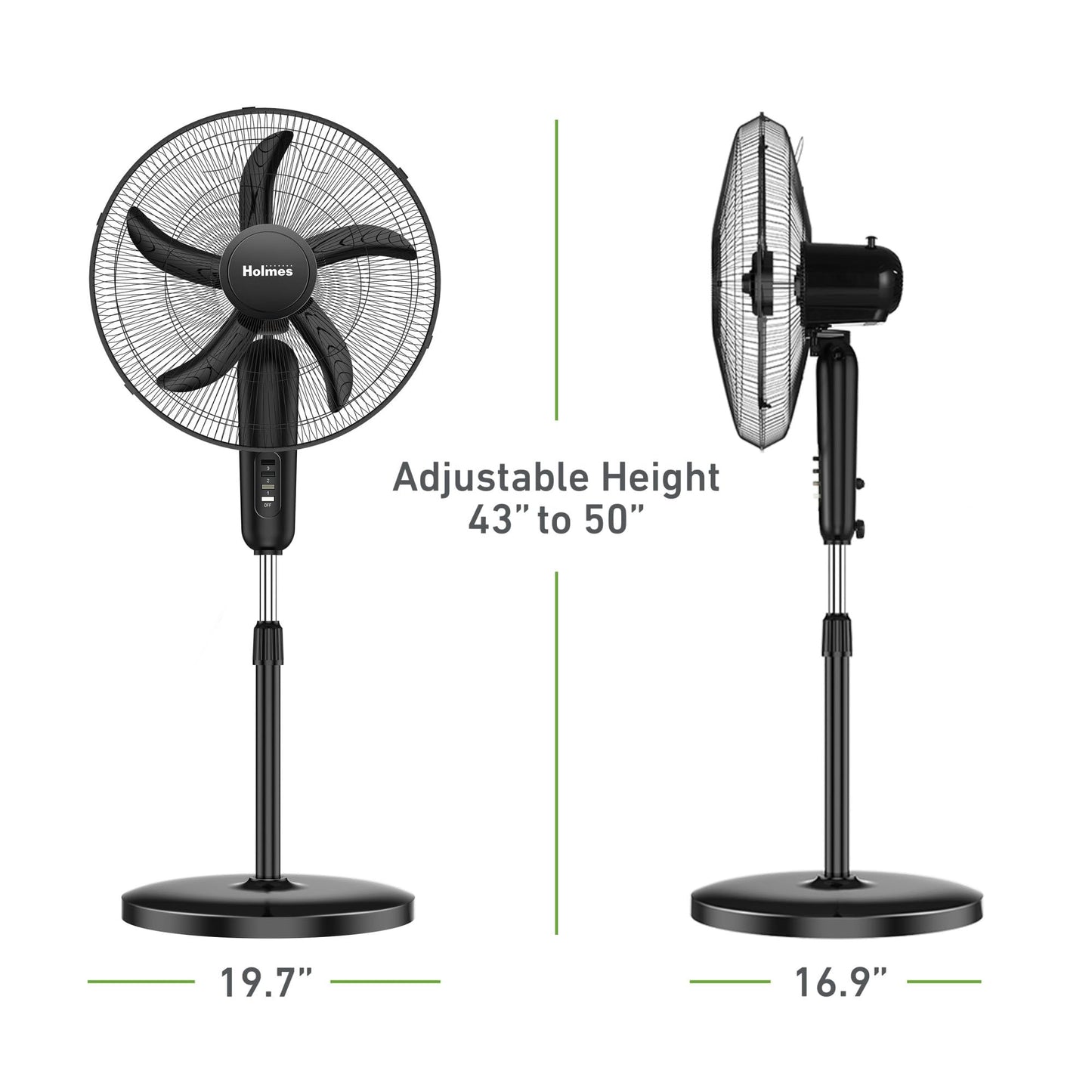 Holmes 18 Inch Oscillating Stand Fan 3 Speed Powerful Airflow Adjustable Height 30 Degree Tilt Wide Angle Cooling Quiet Operation for Bedroom Living Room Home Office Gym Black