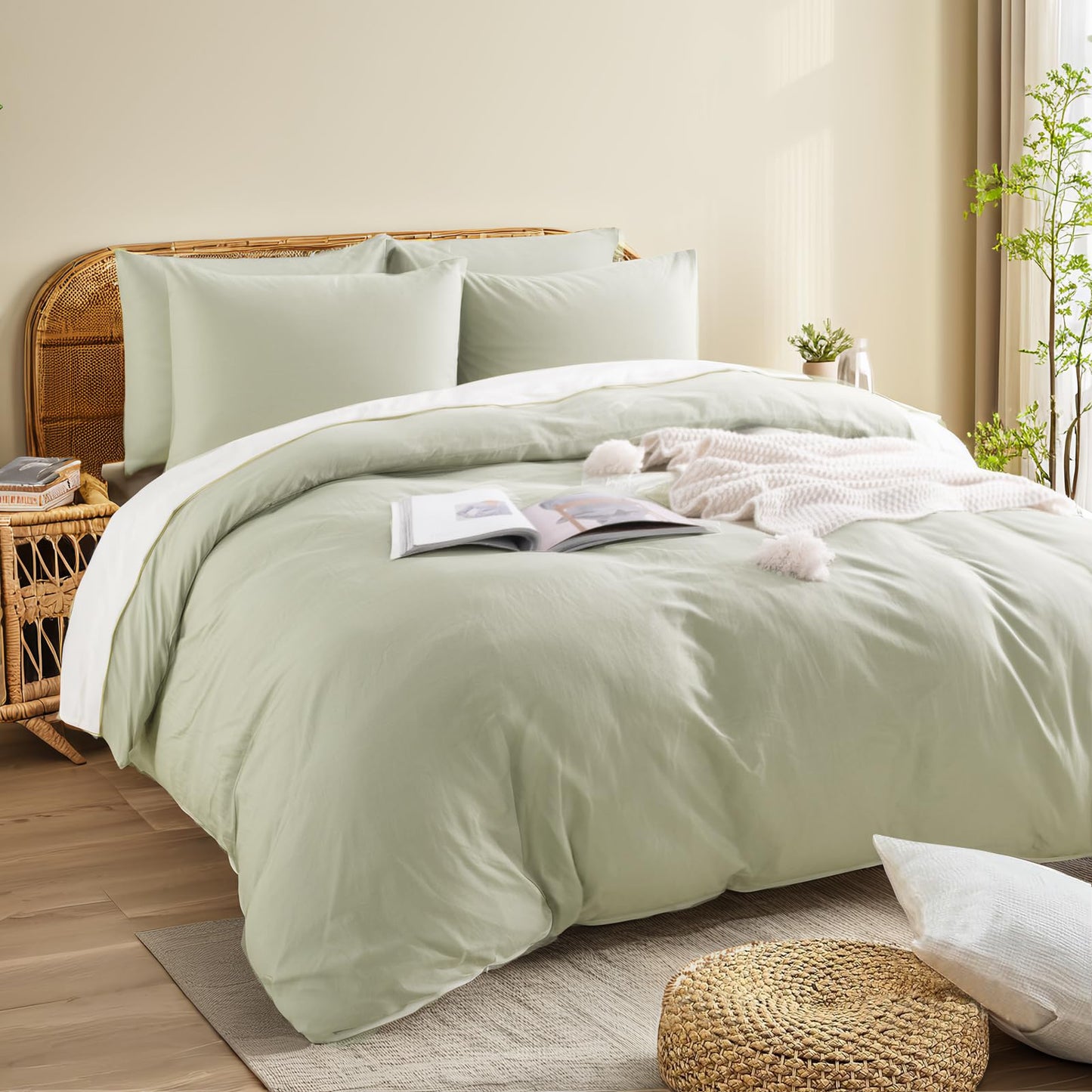 NEXHOME PRO Queen Duvet Cover Set – 100% Certified Organic Cotton with Washed Feel & Linen-Like Texture, Comfortable & Breathable, Home Bedding Set Sage Green (No Comforter)