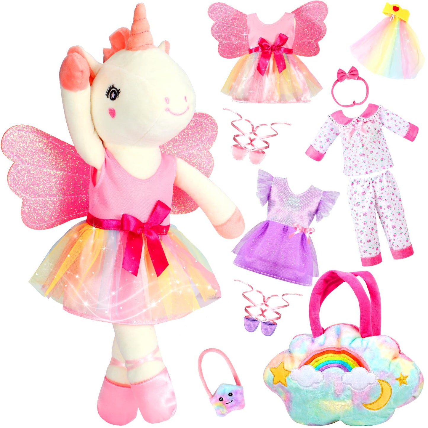 HUITEM Unicorn Toys for Girls Age 4-6, Ballerina Doll Stuffed Animal with 3 Set Clothes, Plush Bag, Accessories, 16 inch Unicorn Doll Toys Birthday Gift for 3 4 5 6 Year Old Little Girls