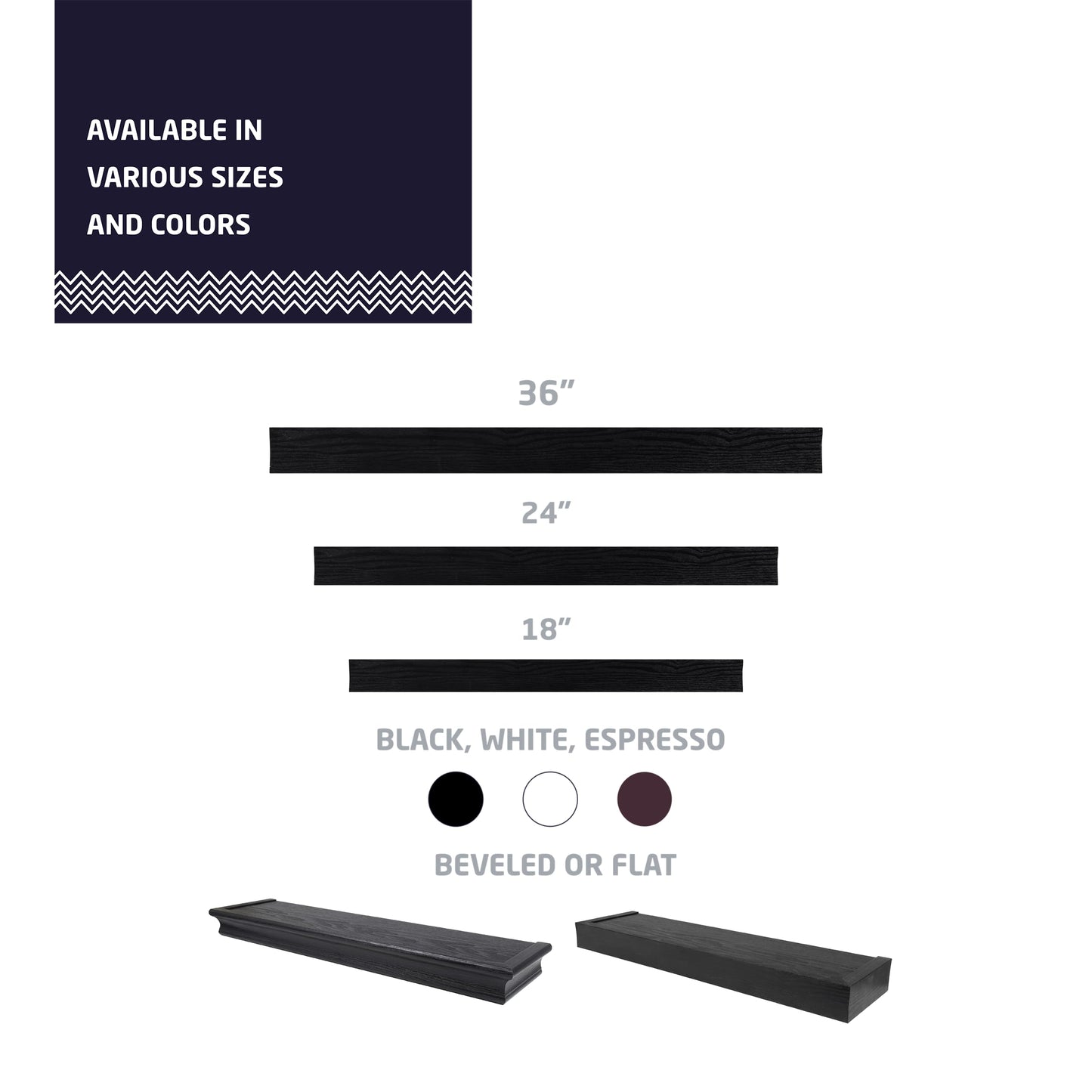 HIGH & MIGHTY 515658 Modern 24" Floating Shelf Holds up to 20lbs, Easy Tool-Free Dry Wall Installation, Flat, eCommerce Packaging, Black