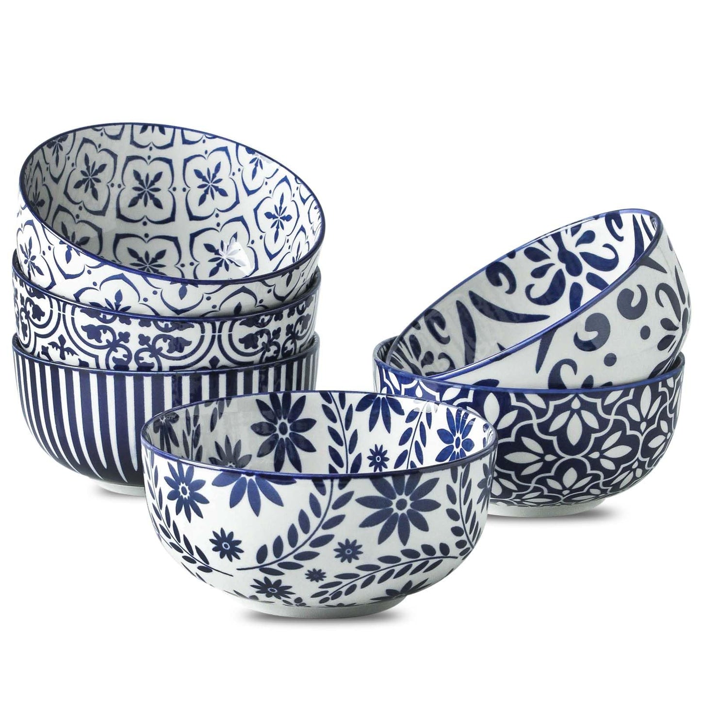 JINGUS Cereal Bowls, 28 Ounce Ceramic Soup Bowls Set of 6, Large Bowl Set for Rice Salad Fruit Dessert Oatmeal Snack Ice Cream,Microwave & Dishwasher Safe, Bohemian Blue & White