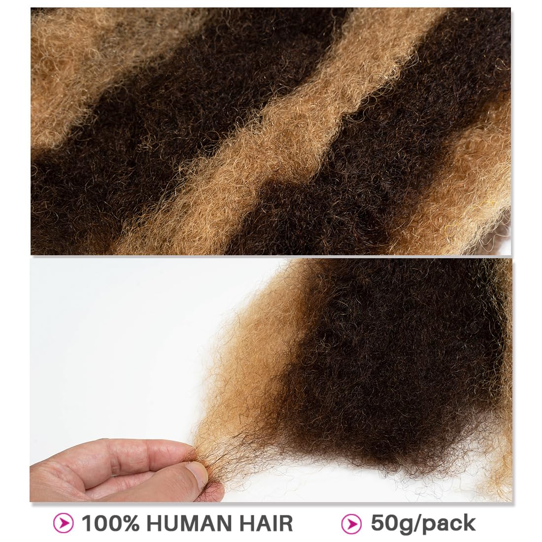 QUEEN VIRGIN REMY QVR Afro Kinkys Bulk Human Hair for Dreadlock Extensions Repair Locs, Twist Braiding Afro Kinky Human Hair for Locs 1 Pack 50 Gram Highlight Color