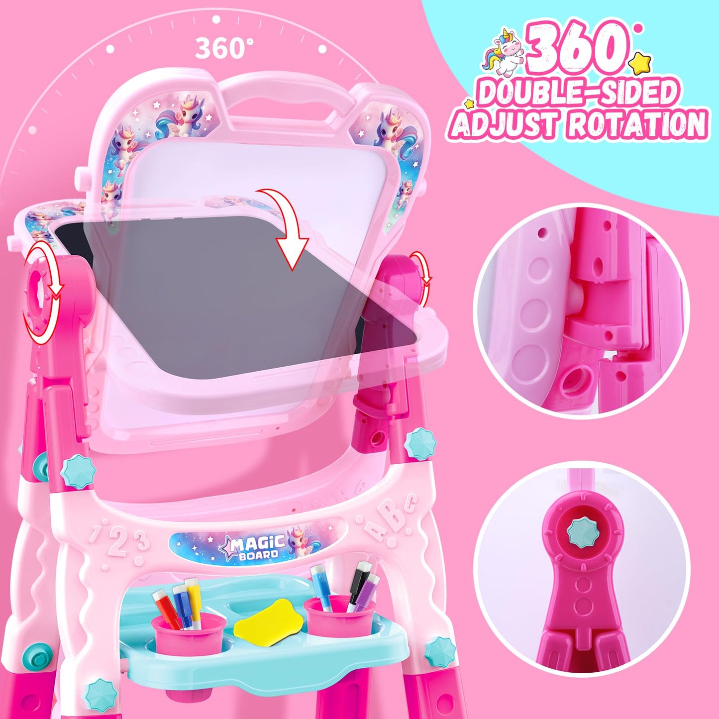 Art Easel for Kids - Adjustable Double-Sided Rotatable Magnetic White Board with Painting Accessories, Preschool Learning Toy for Girls 3-5 Years Old,Ideal Christmas Birthday Gift (Pink)