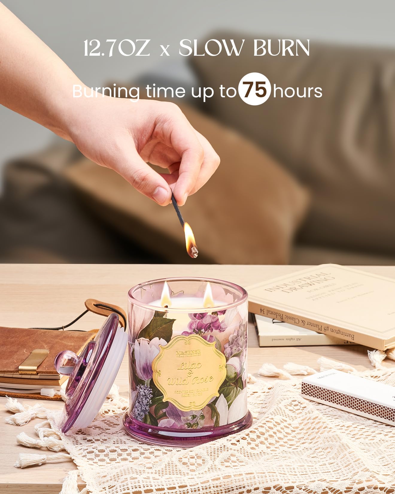 M&SENSE Lilac Rose Candle Scented, 2 Wick 12.7oz Large Natural Soy Non Toxic, Summer Floral Candle Gift for Women, Relaxing 75 Hours Long Lasting Burning Home Fragrance