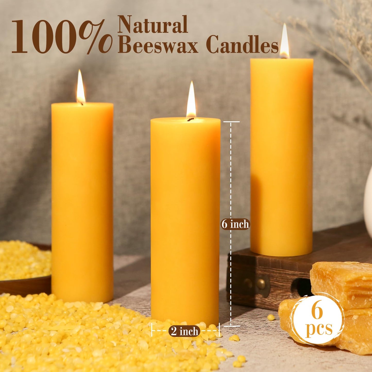 6 Pack Natural Beeswax Pillar Candles,360 Hours Long Burning Unscented Beeswax Candles,100% Pure Bees Wax Candles for Home,Emergency,Dripless Pillar Candle Bulk,2x6in