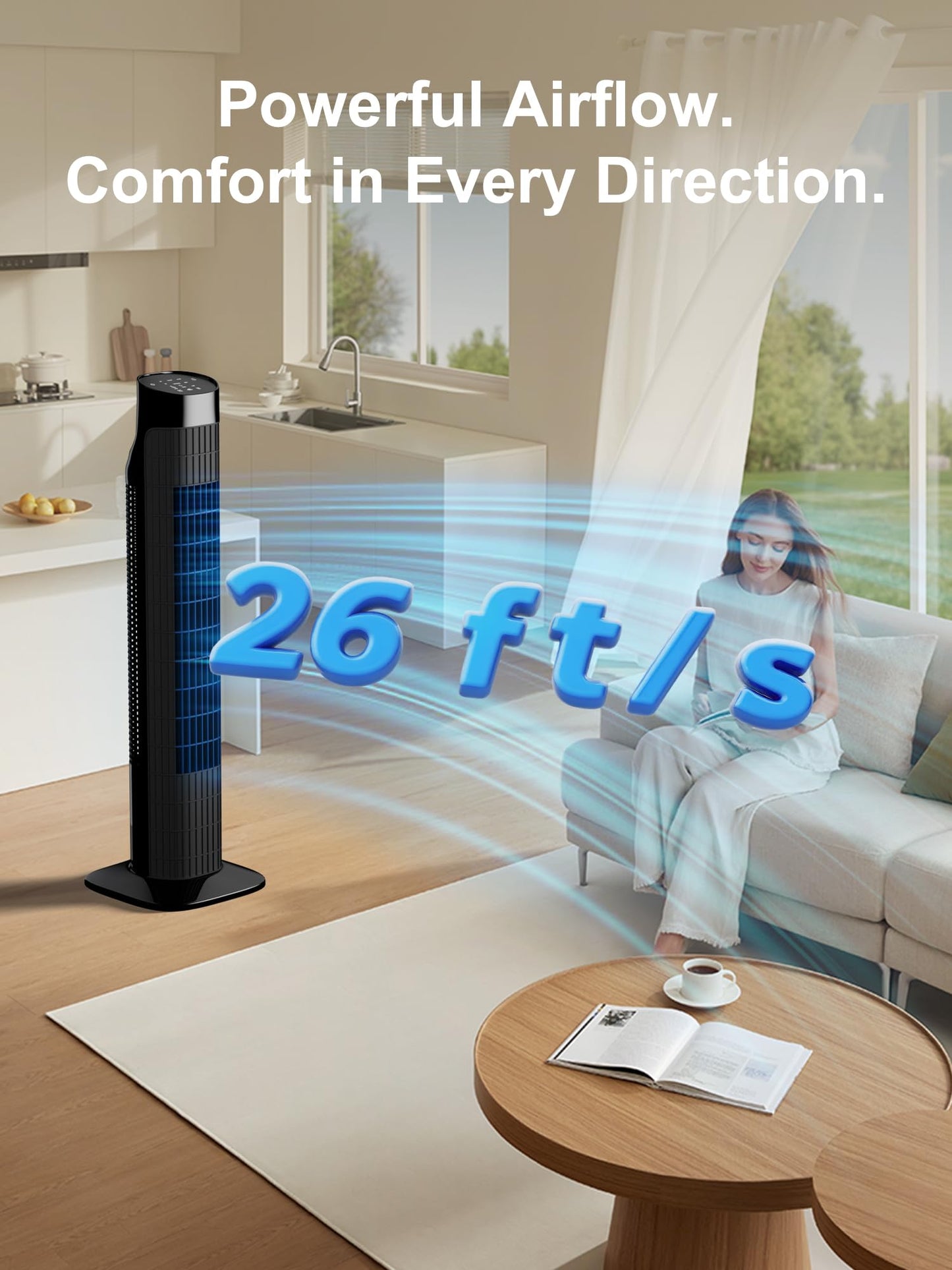 Uthfy Tower Fan for Bedroom, 120° Oscillating Standing Fan with Quiet Sleep Mode, 3 Speeds & 3 Modes, 7.5H Timer, Remote/Touch Control, Bladeless Floor Fans for Living Room, Office, Black