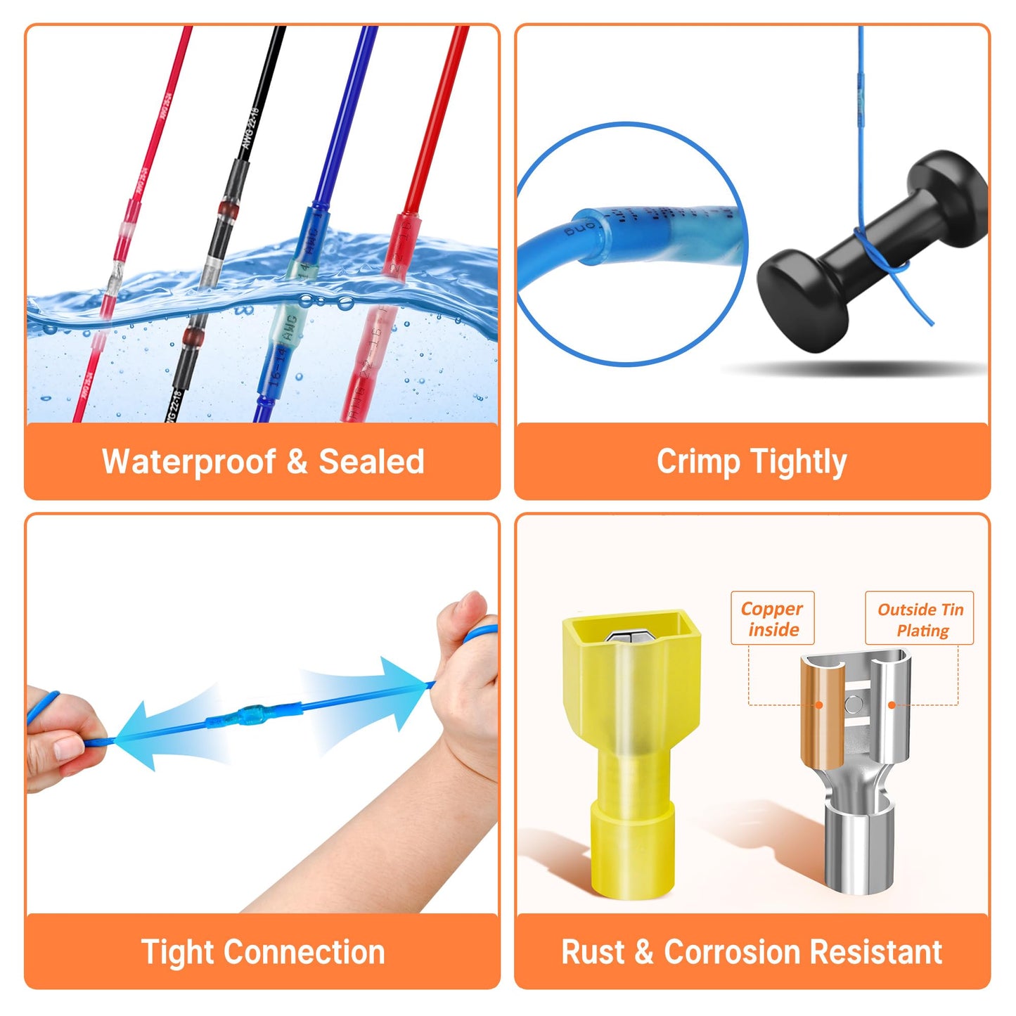 Kuject Ultimate Heat Shrink Wire Connectors, 1500PCS Waterproof Electrical Spade Connectors kit, Insulated Crimp Ring Fork Spade Terminal T-Tap Solder Butt Splice Connectors for Marine Boat Truck