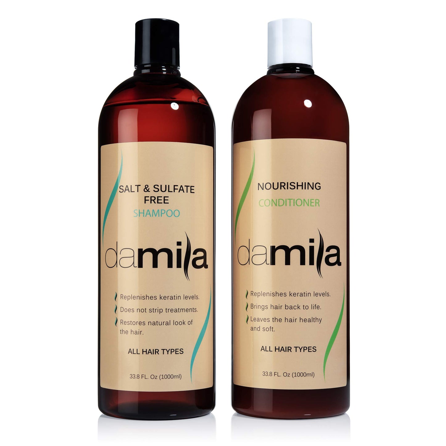 Damila Salt & Sulfate Free Shampoo & Conditioner for Keratin and Color Treated Hair - Professional Keratin Value Pack for Damaged, Frizzy, Curly, Dry & Thin Hair - Shampoo Sin Sal - 33.8 Fl Oz