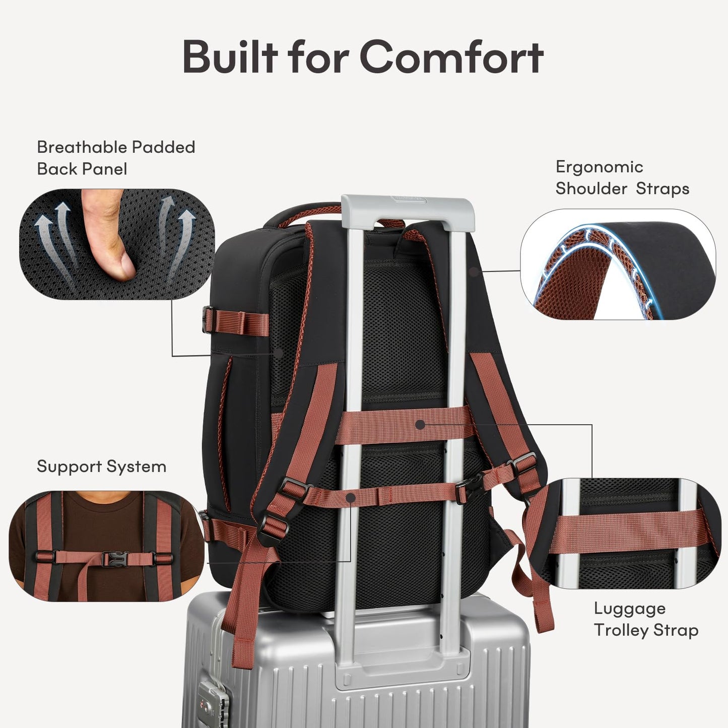 mibasies 30L Travel Backpack for Women & Men: Flight Approved Carry On Backpack, TSA Personal Item Bag with Water Bottle Pocket, Weekender Essentials Backpacks fits 15.6" Laptop - Black White Brown