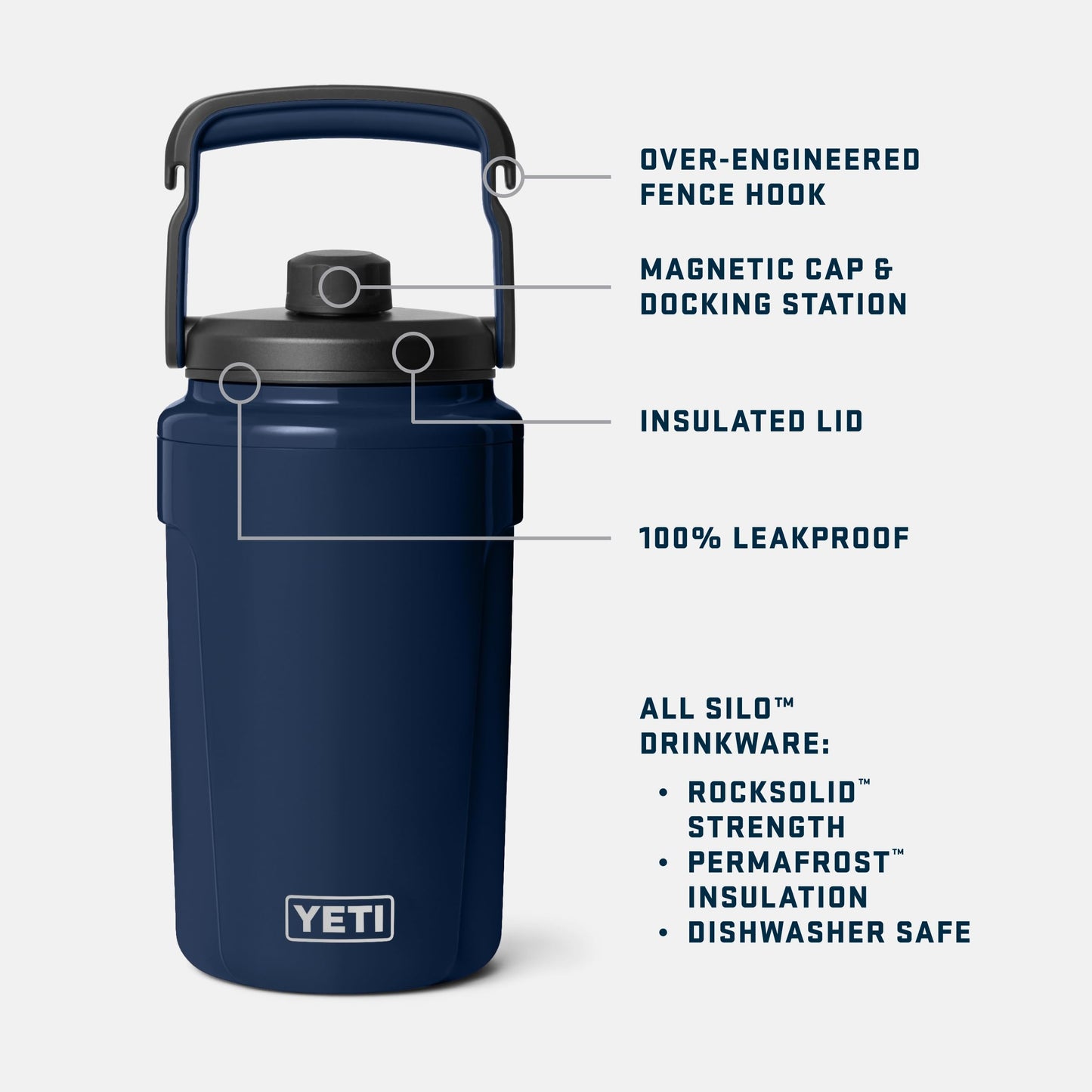 YETI Silo Half Gallon Insulated Chug Cap Water Jug – Leakproof, Lightweight Sports Bottle with Fence Hook Handle – Keeps Drinks Ice-Cold – Ideal for Gym, Sports & Tournaments, Navy