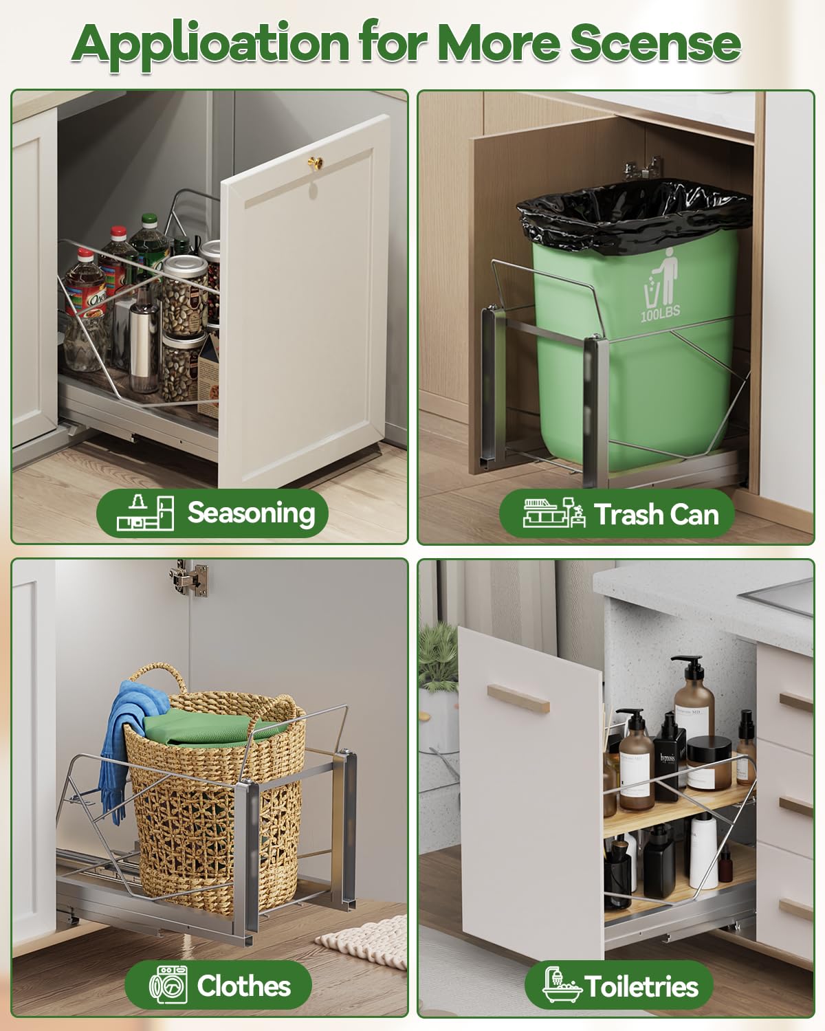 LIONONLY Pull Out Trash Can Under Cabinet, Door Mount & Pull Handle Twin-Mode, Pull-Out Garbage Holder, Under Sink Pull-up Kit with Soft-Close Slides, for Kitchen, Sink, Drawer(Bin Not Included)