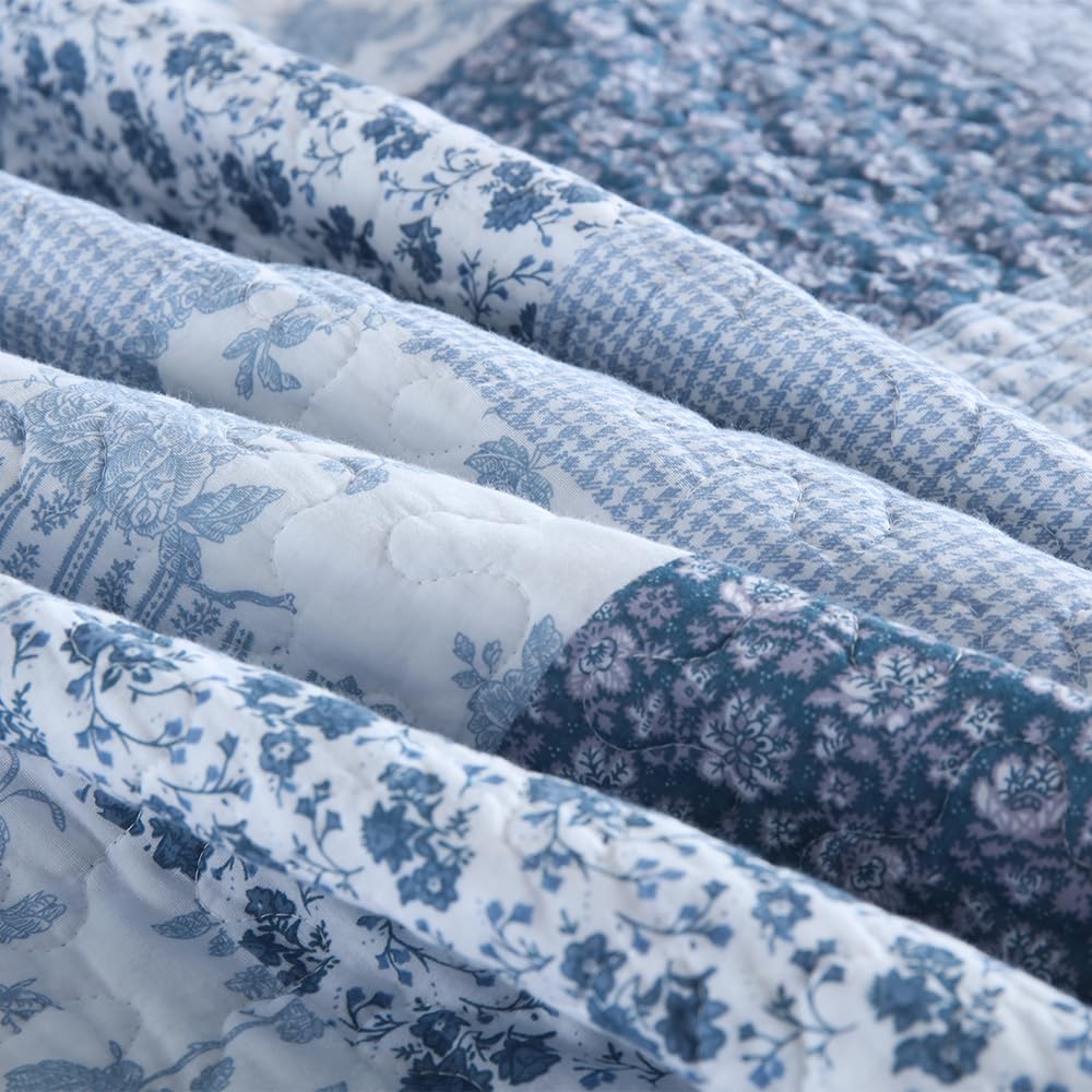 ENASAL Cotton Bedspread Quilt Bedding Sets Reversible Coverlet Sets Comforters Rustic Floral White Blue Patchwork Pattern Bedspread for All Season, King Size