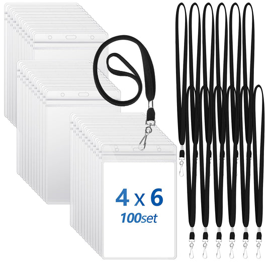 Chuangdi 100 Pcs Large 4 x 6 Inch Clear ID Badge Holder with Lanyard Waterproof Vertical Badge ID Card Holders Clear Plastic Tags Transparent PVC Pouch for Office (Black Lanyard)