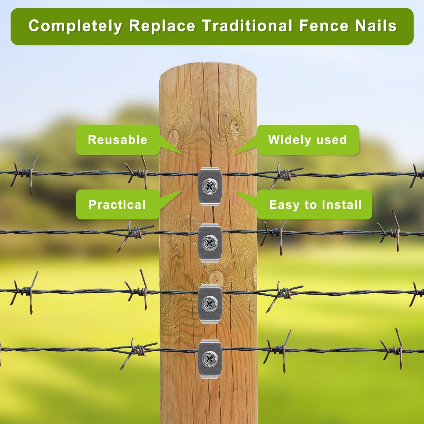 Fence Staples, Insaga 304 Stainless Steel Fence Nails for Softwood, Reusable Wire Fence Staples Screws for Mesh and Woven Fencing, 200pcs Fence Fasteners with Wire Fixer Hold Wire Firmly