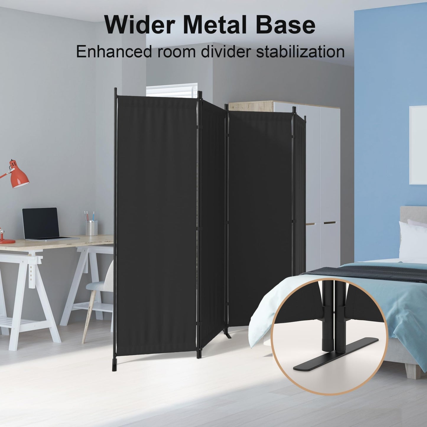 Kecreque Room Divider 4 Panel Partition Room Dividers & Folding Privacy Screens w/ 3 Metal Feet 6FT Portable Wall Doubles as a Dressing Screen Portable Wall for Office Kitchen Children's Room,Black